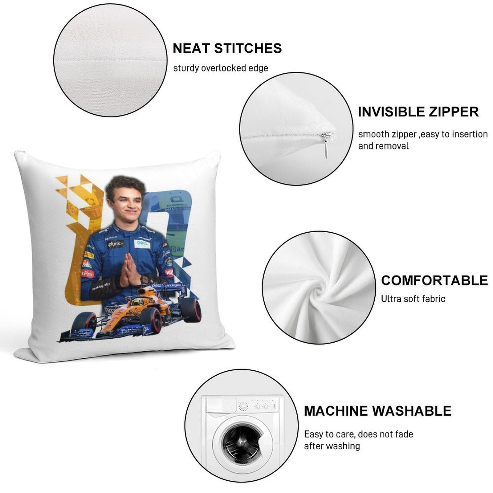 Lando Norris #4 - Racing Design Soft Washable Throw Pillow