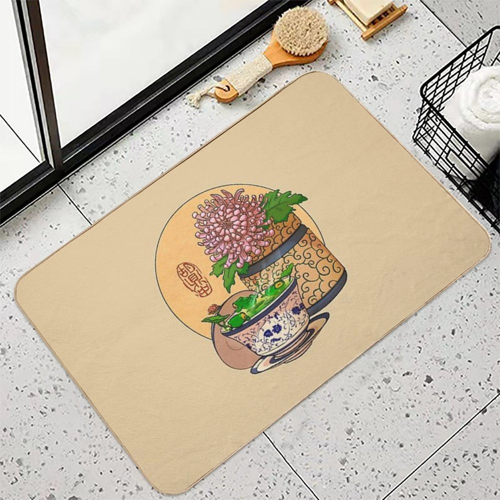 Tea Cup Chrysanthemum Flower Frog Yellow Bg  Easy To Clean Bath Mat