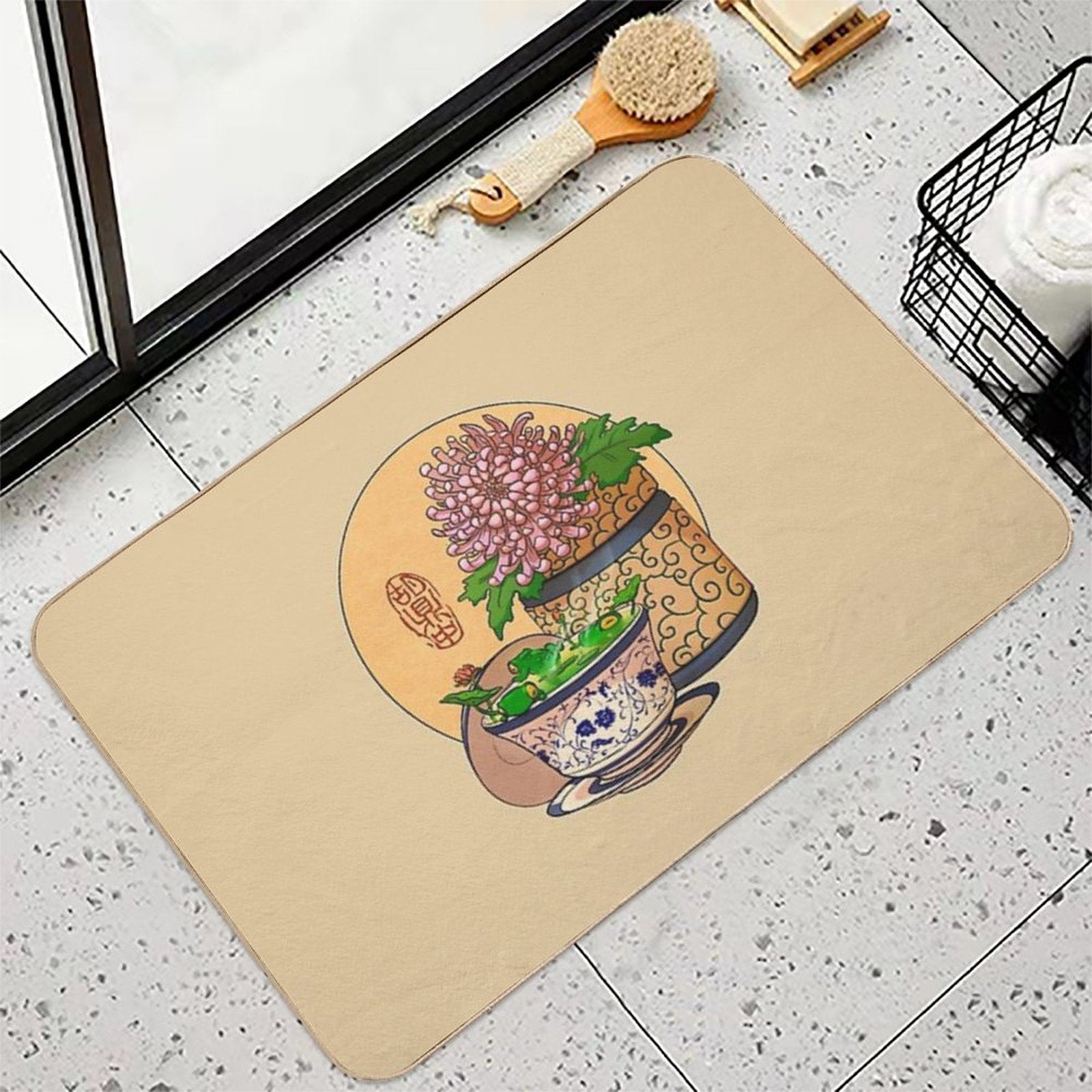 Tea Cup Chrysanthemum Flower Frog Yellow Bg  Easy To Clean Bath Mat