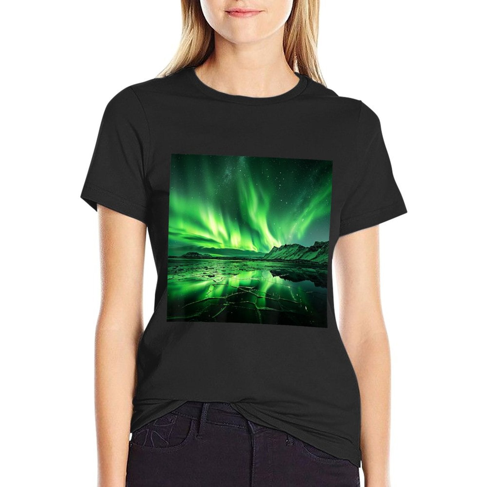 Northern Lights Sky Aurora Borealis Mountain Landscape  Trendy Pattern T-Shirt