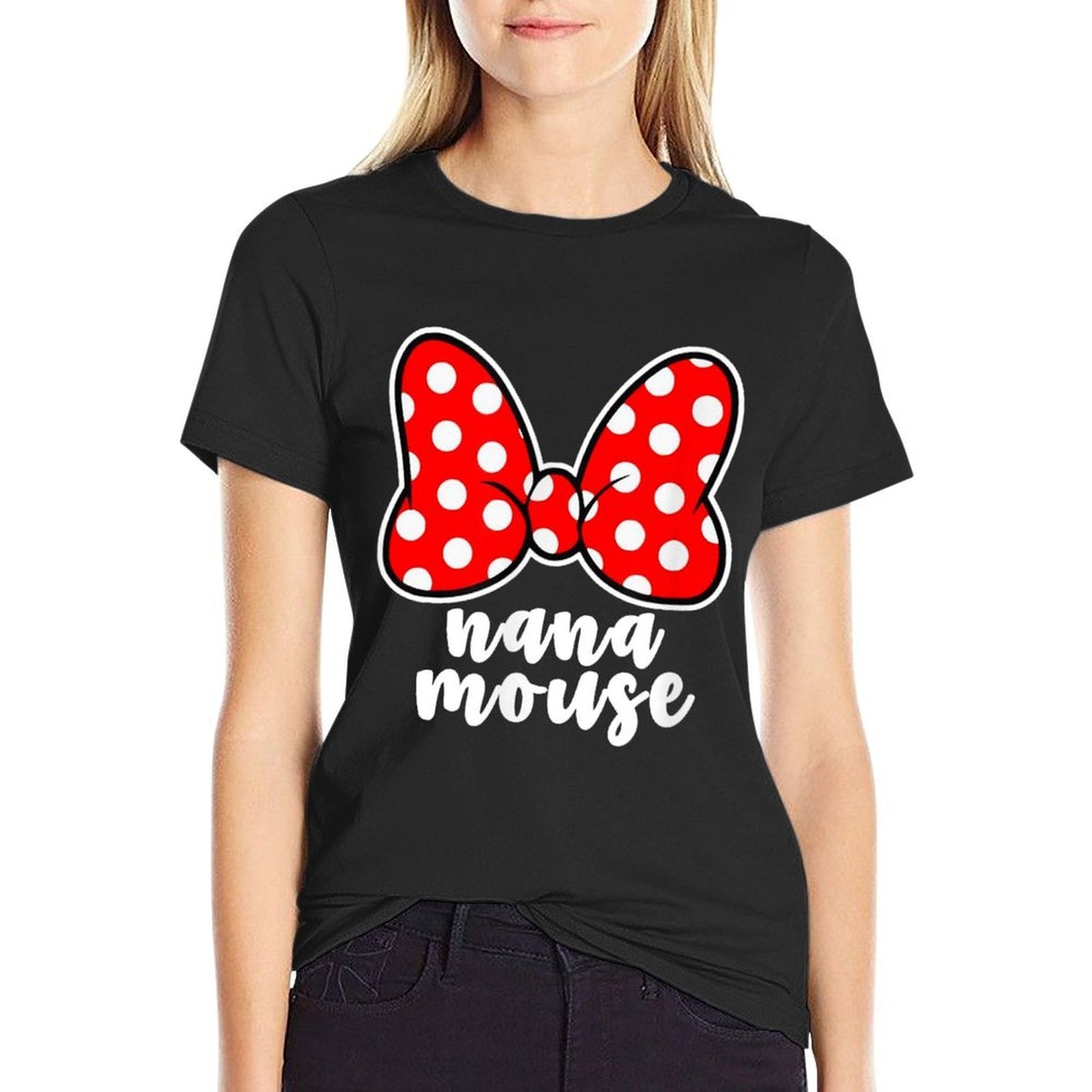 Womens Nana Mouse Family Vacation Bow  Stretchy T-Shirt