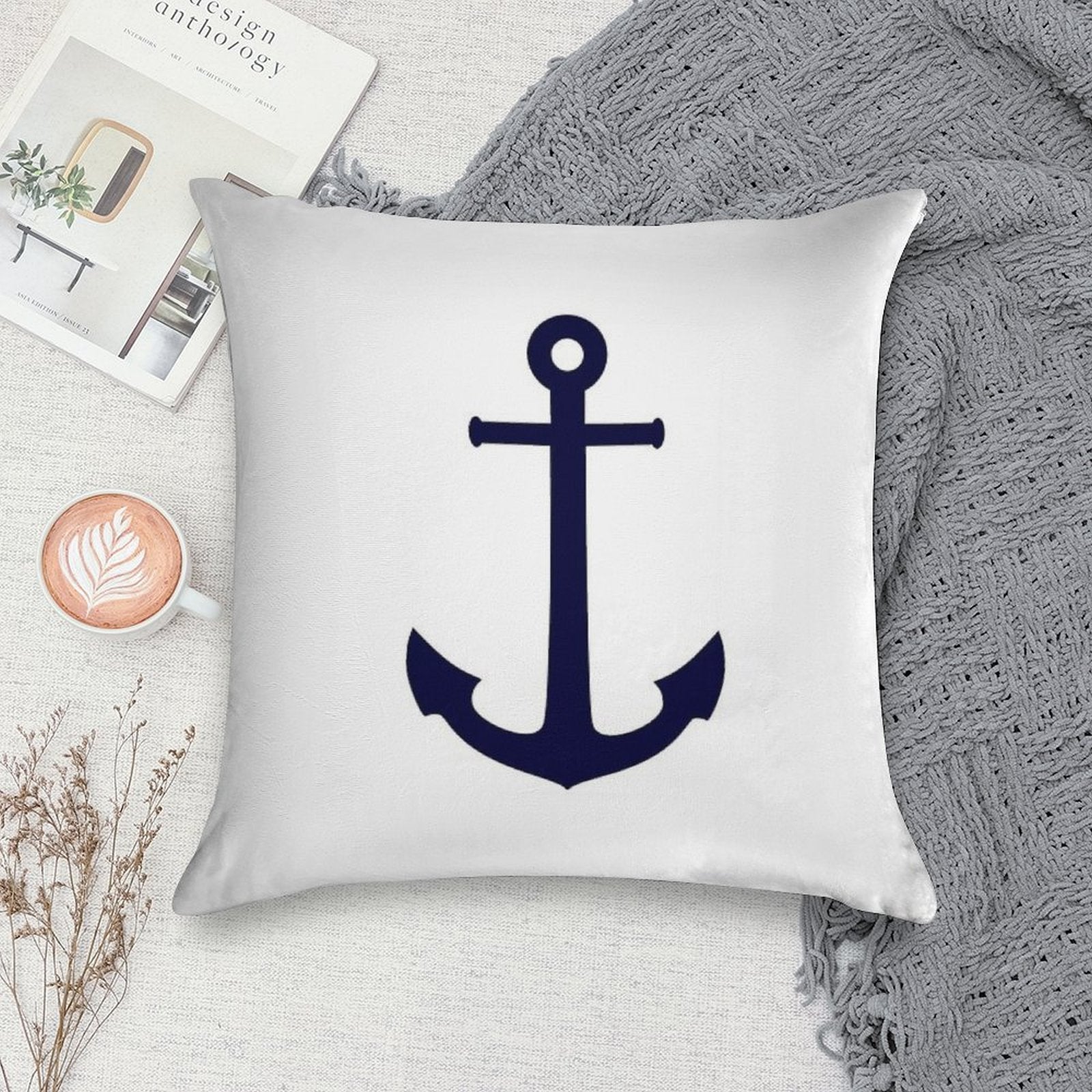 Navy Blue Anchor On White Soft Home Decor Throw Pillow