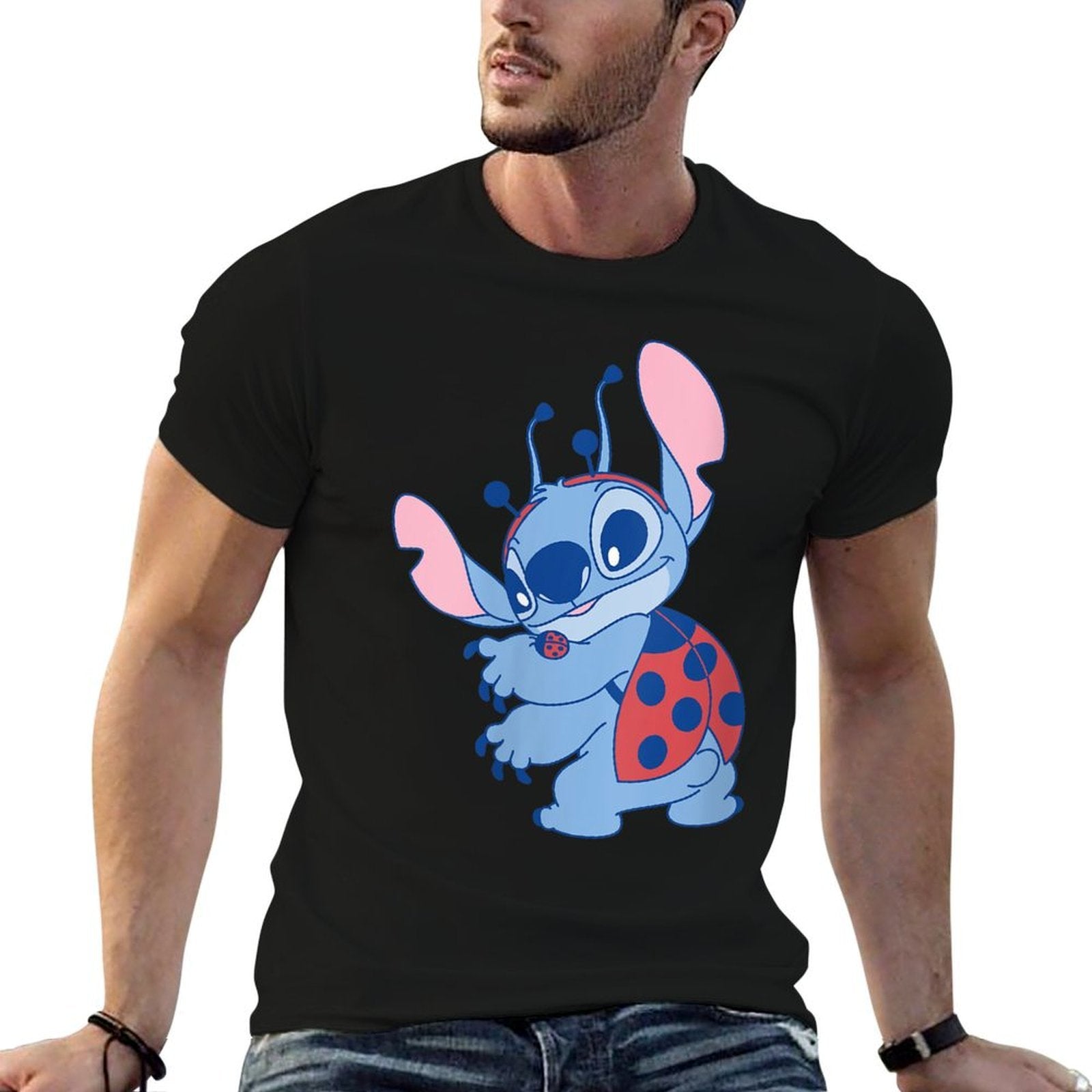 Womens Disney Lilo  Stitch Cute Pastel Spring Ladybug Stitch  Polyester Blend T-Shirt