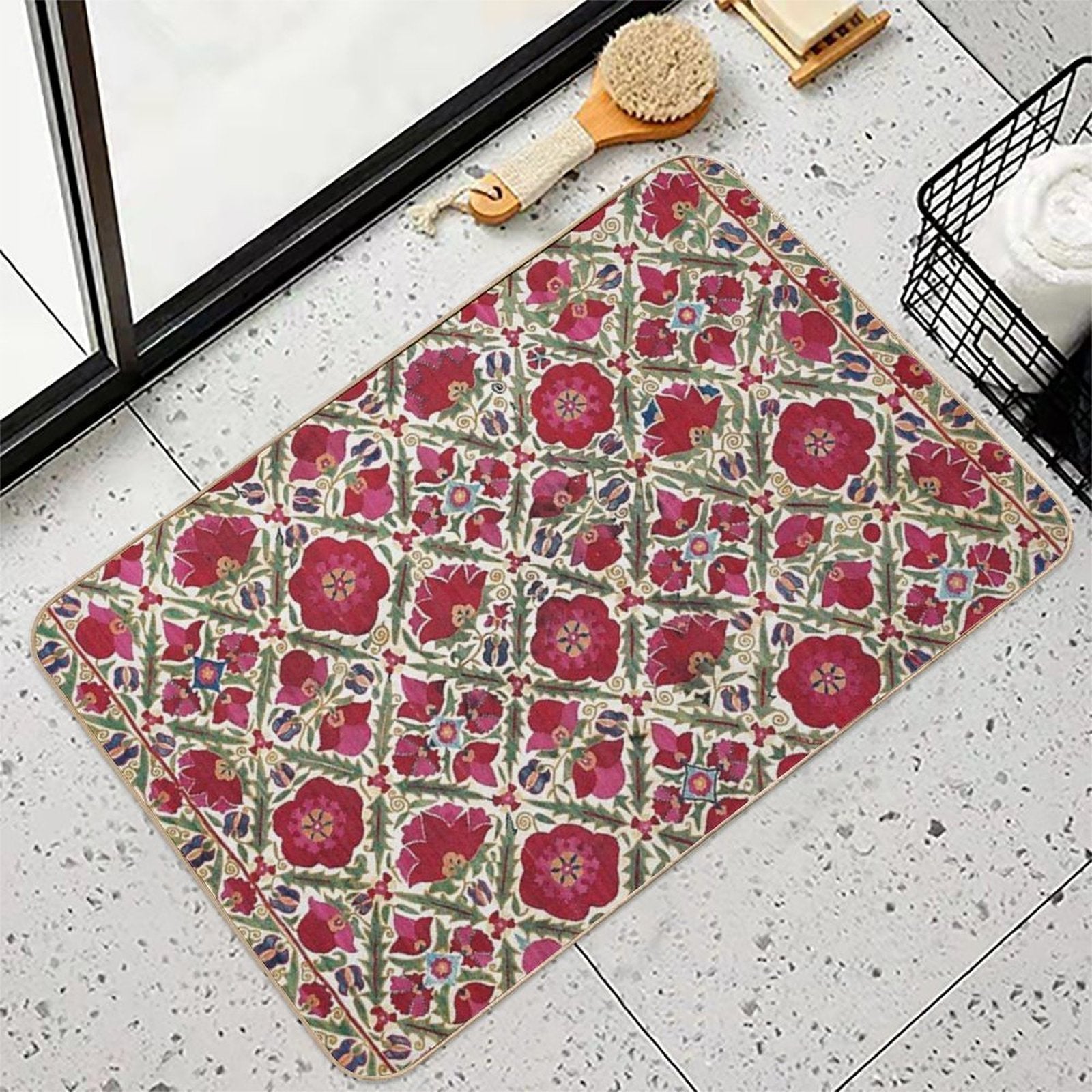 Bokhara Nim Suzani  Antique Uzbek Embroidery Print  Repositionable Bath Mat