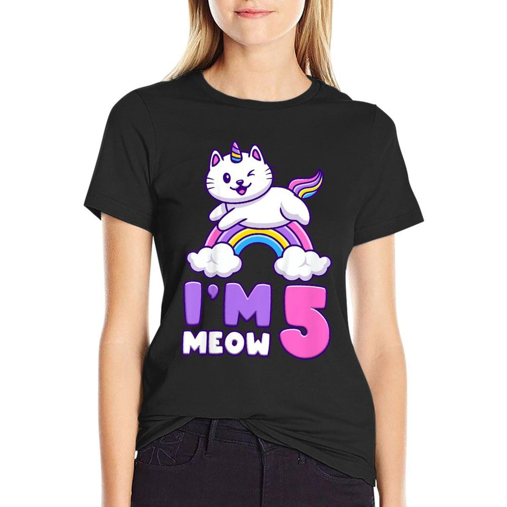 Kids Birthday Girl 5 Years Old, Cat, Unicorn, 5th Birthday  Trendy Pattern T-Shirt