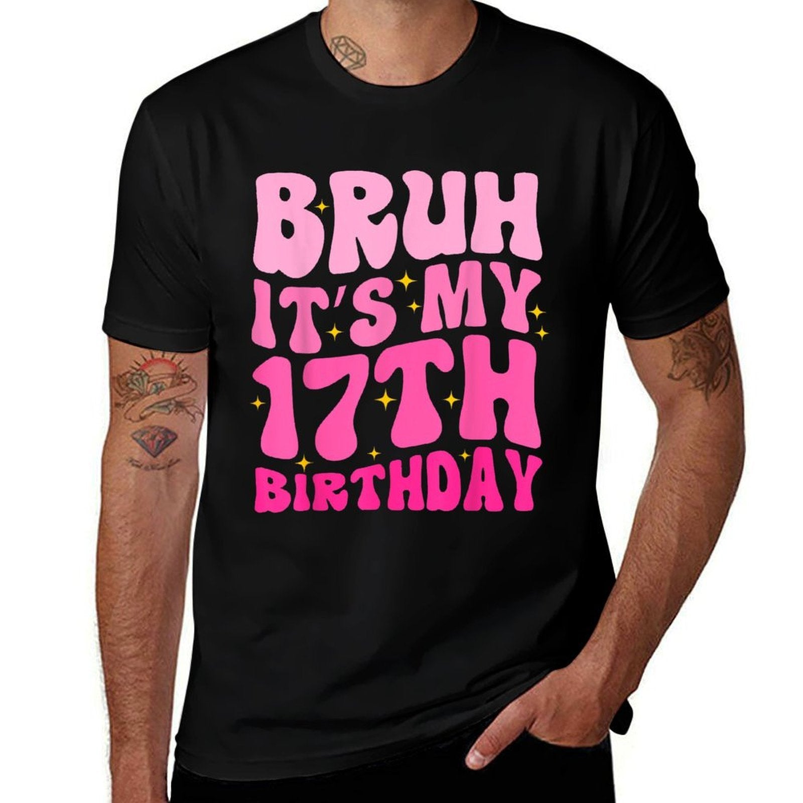 Bruh It's My 17th Birthday 17 Year Old 17yr Cute Groovy Pink  Polyester Blend T-Shirt