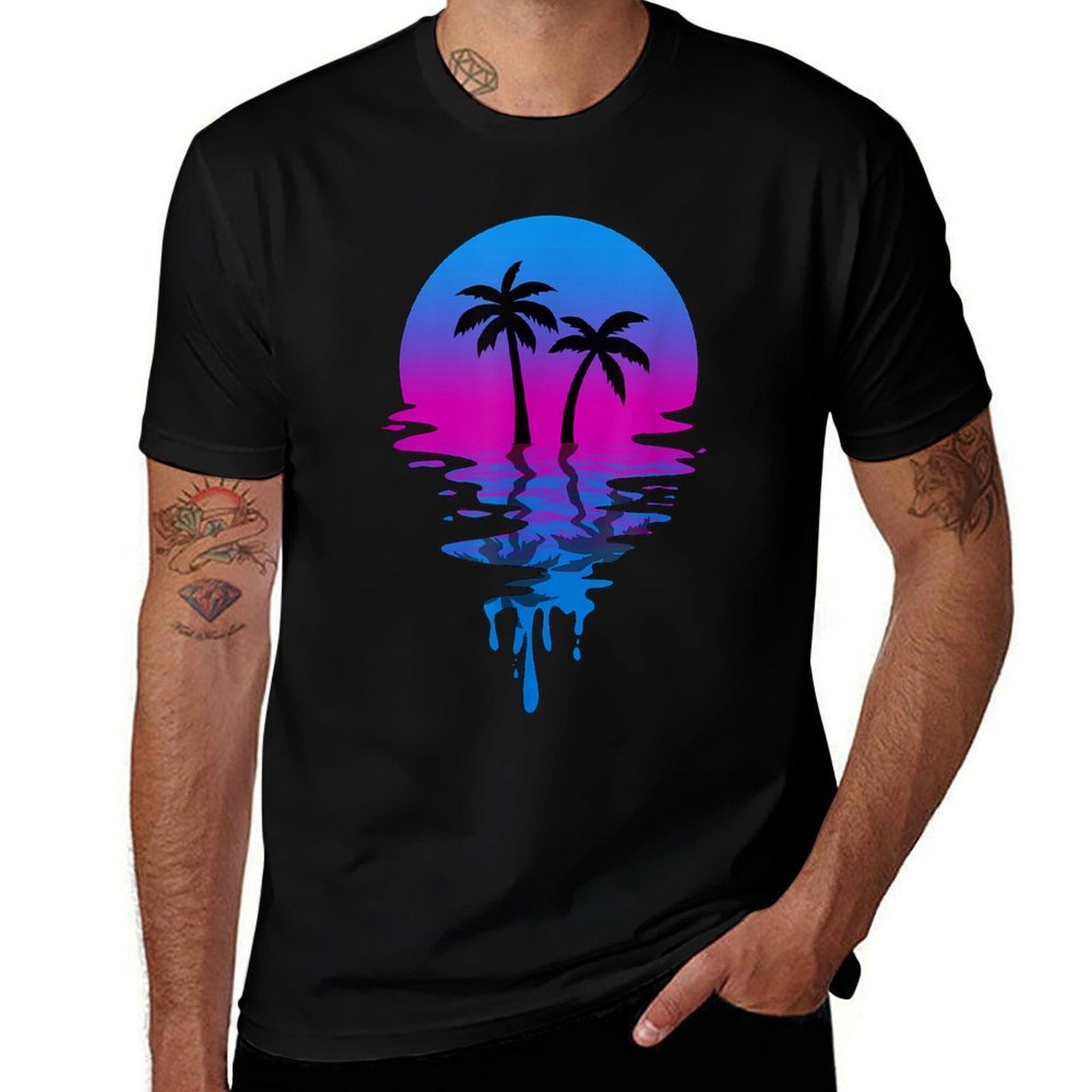 Vintage Retro Sunset Palm Tree  Rolled Sleeves T-Shirt