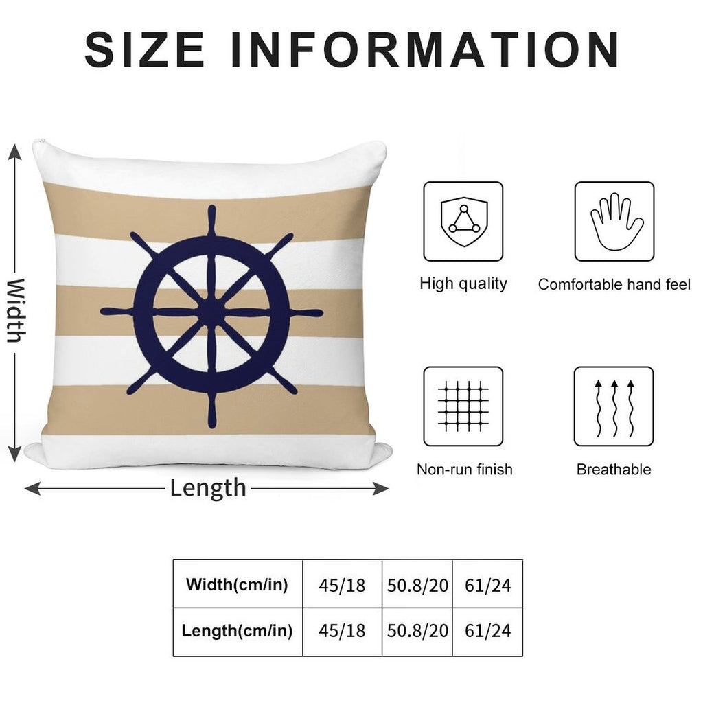 Nautical Navy Blue Ship's Steering Wheel On Tropical Tan Stripes Soft Hidden Zipper Throw Pillow