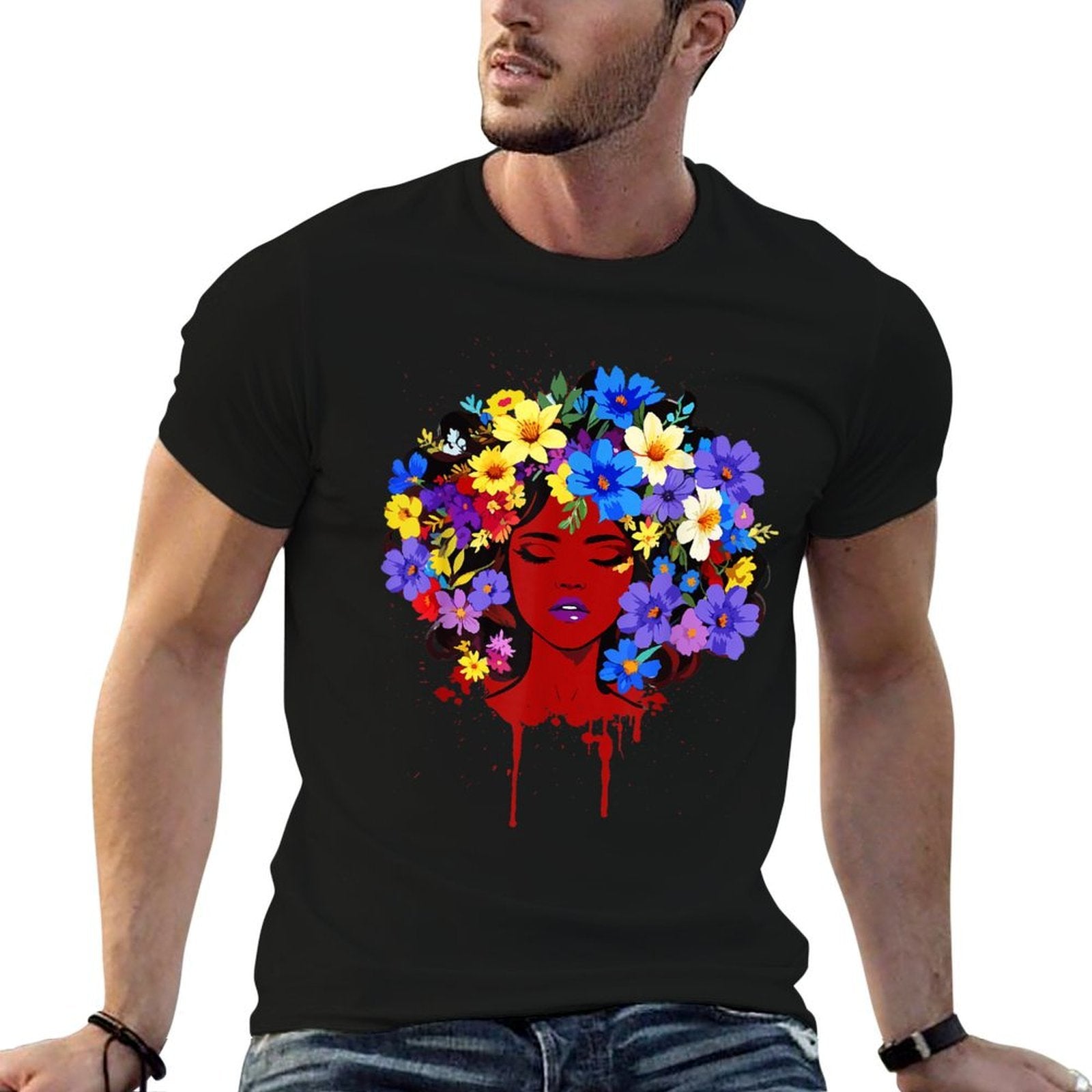 Afro Girl Flower Hair Black History Juneteenth Black Queen  Summer-ready Fabric T-Shirt