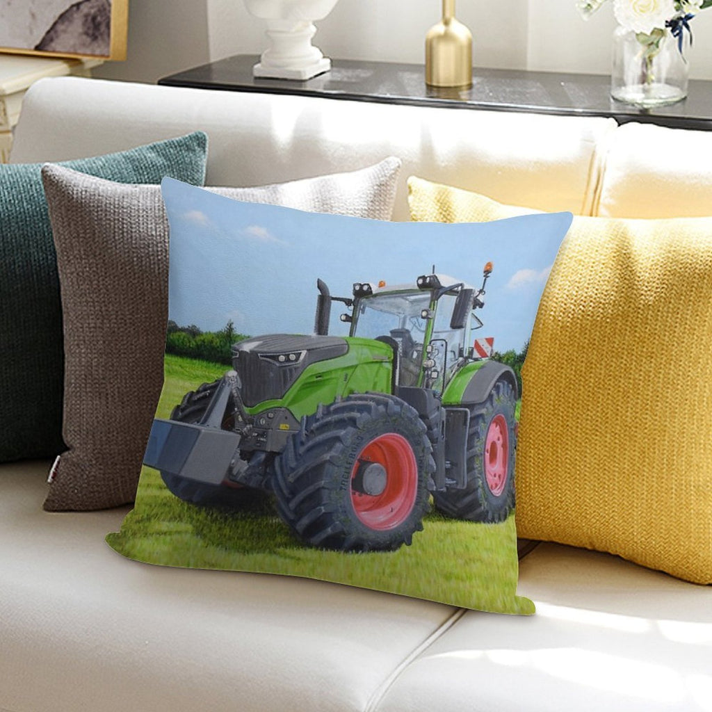 Green Tractor in Field Soft Shrink-Resistant Throw Pillow