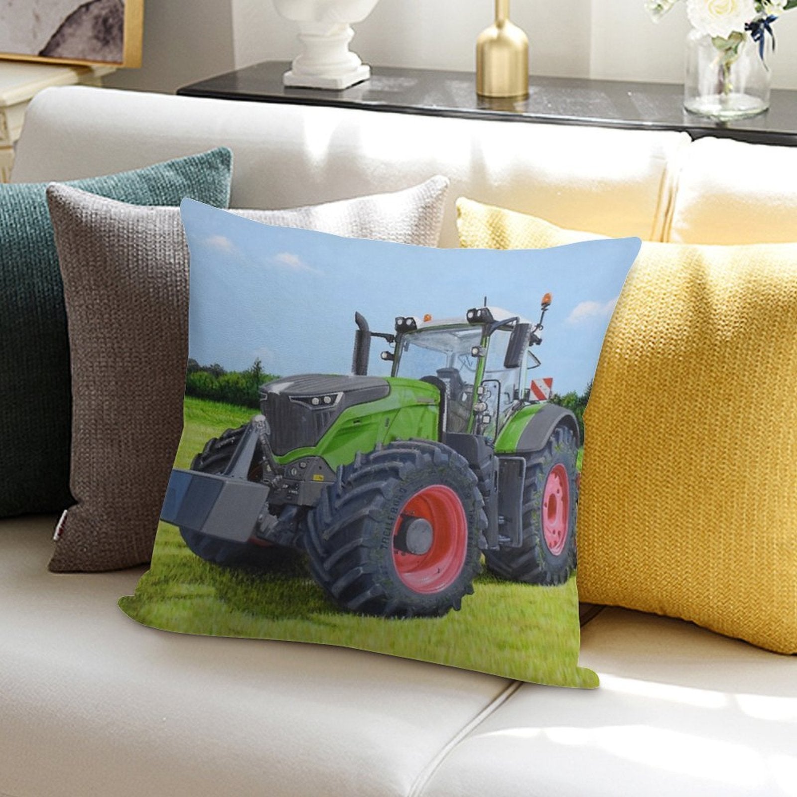 Green Tractor in Field Soft Shrink-Resistant Throw Pillow
