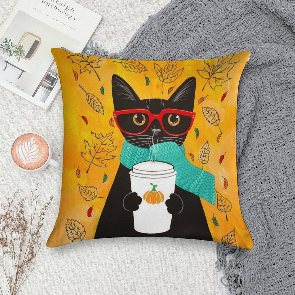 Autumn Pumpkin Coffee Cat Soft High-Density Material Throw Pillow