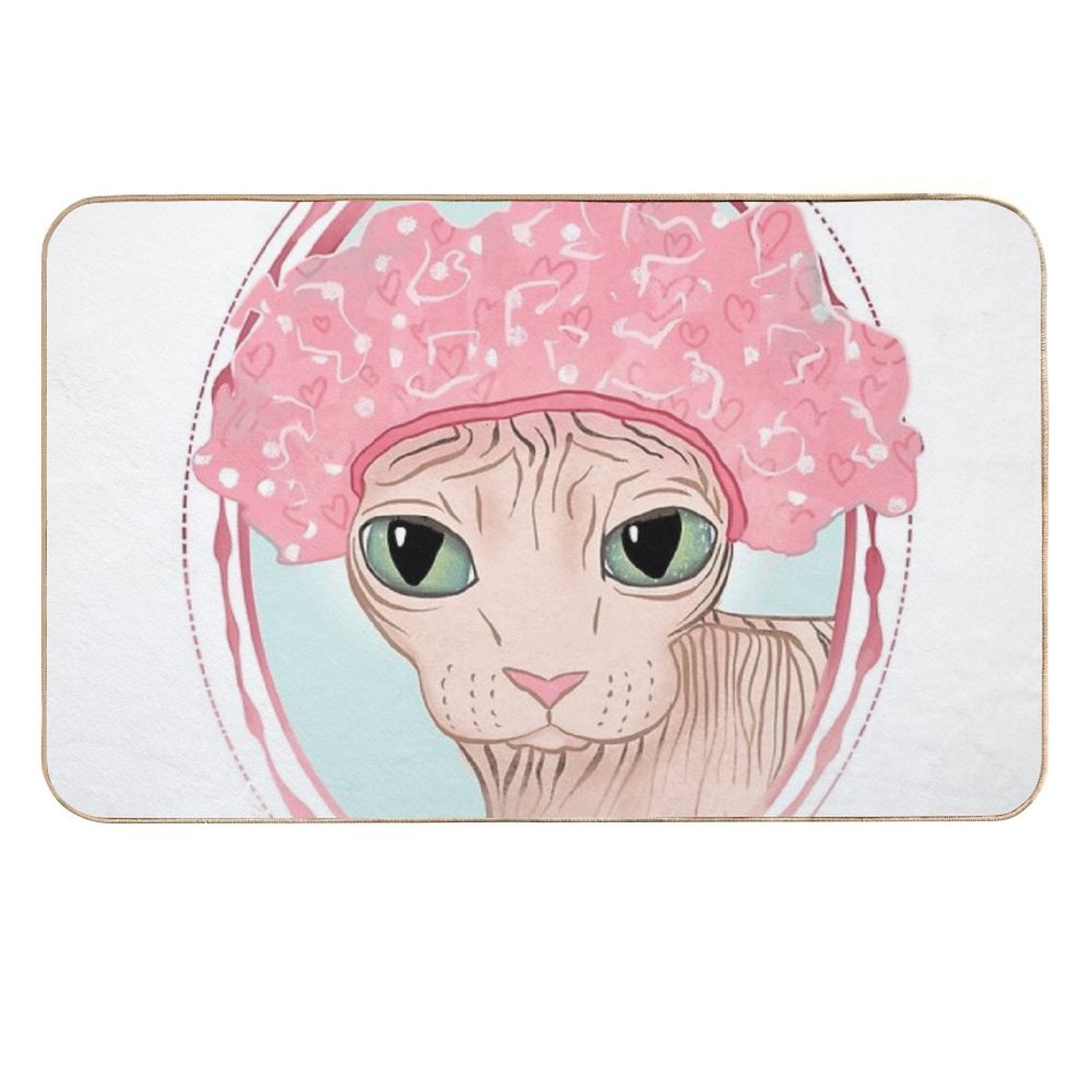 Hairless Sphynx Cat Wearing A Pink Shower Cap  Versatile Bath Mat