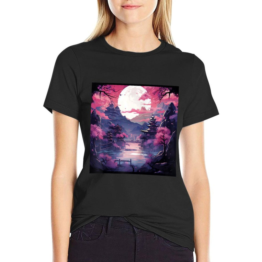 Eternal Twilight Japanese Castle & Sakura Anime Raglan Baseball  Easy-care T-Shirt