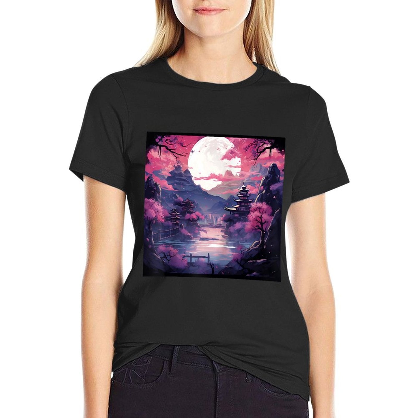 Eternal Twilight Japanese Castle & Sakura Anime Raglan Baseball  Easy-care T-Shirt