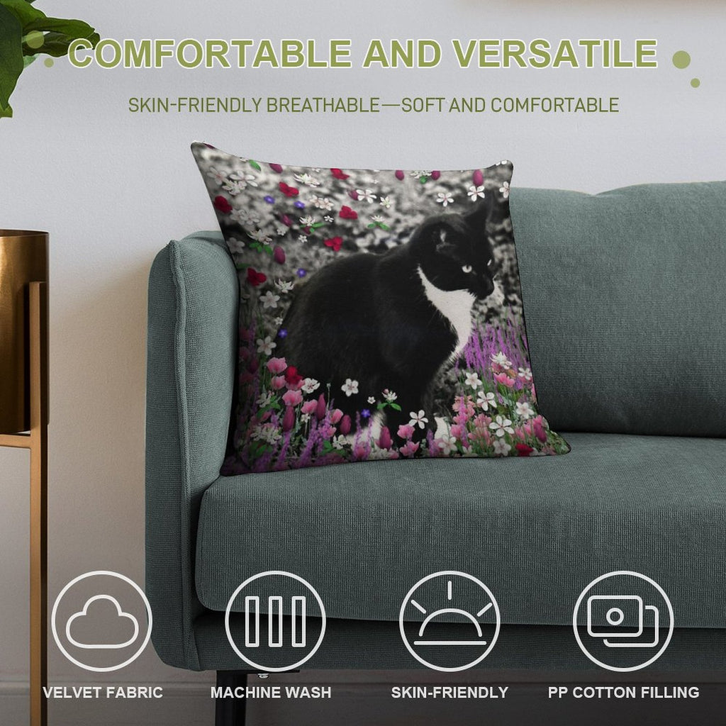Freckles in Flowers II - Tuxedo Cat Soft Short Plush Fabric Throw Pillow