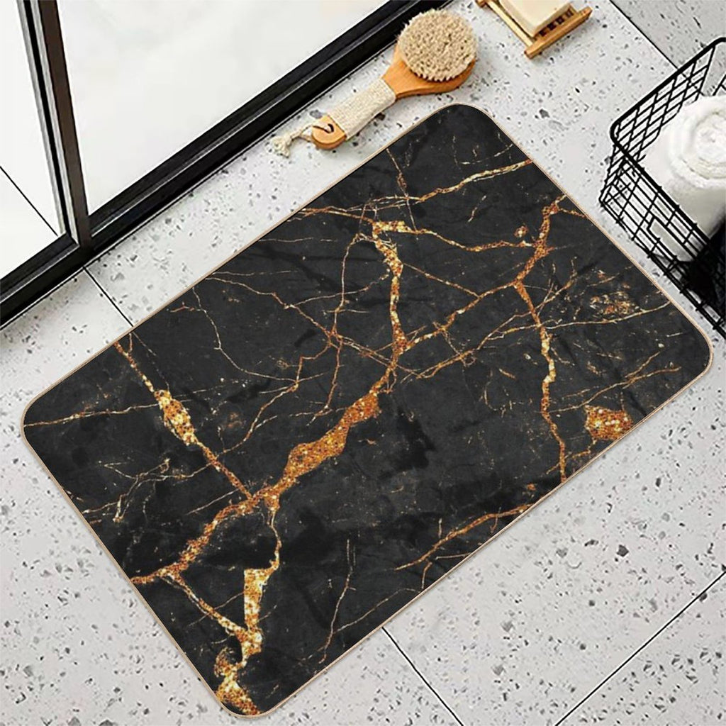 Faux Black Marble with Gold Glitter Veins  Non-Slip Bath Mat