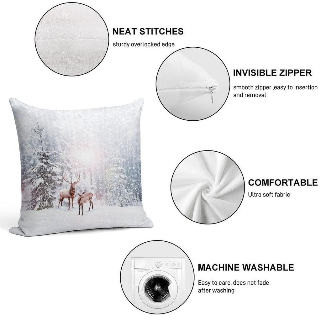 Winter Wonderland - Christmas Deer Stag Snow Trees Soft Durable Construction Throw Pillow