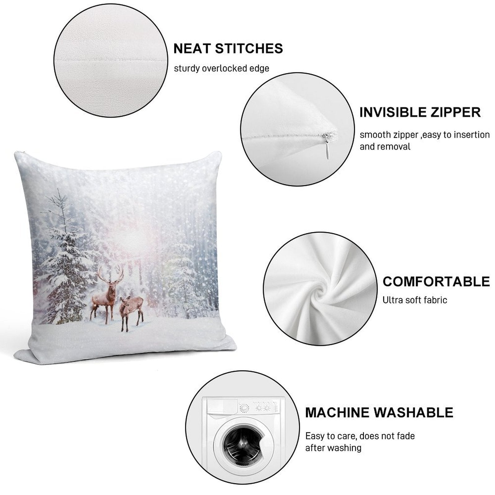 Winter Wonderland - Christmas Deer Stag Snow Trees Soft Durable Construction Throw Pillow