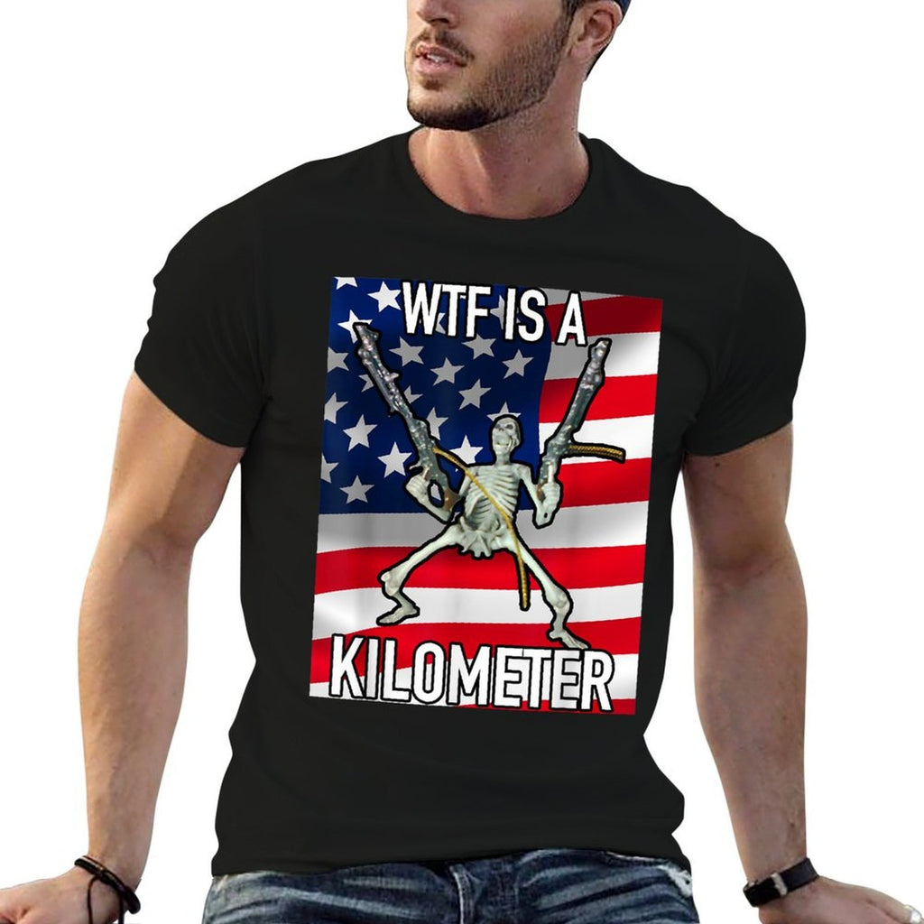 WTF Is A Kilometer July 4th Skeleton Funny Cringey USA Meme  Ribbed Collar T-Shirt