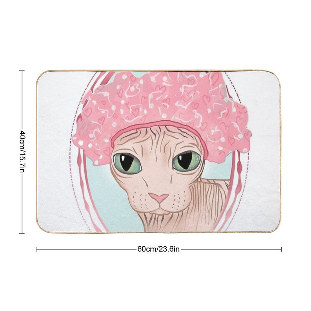 Hairless Sphynx Cat Wearing A Pink Shower Cap  Versatile Bath Mat