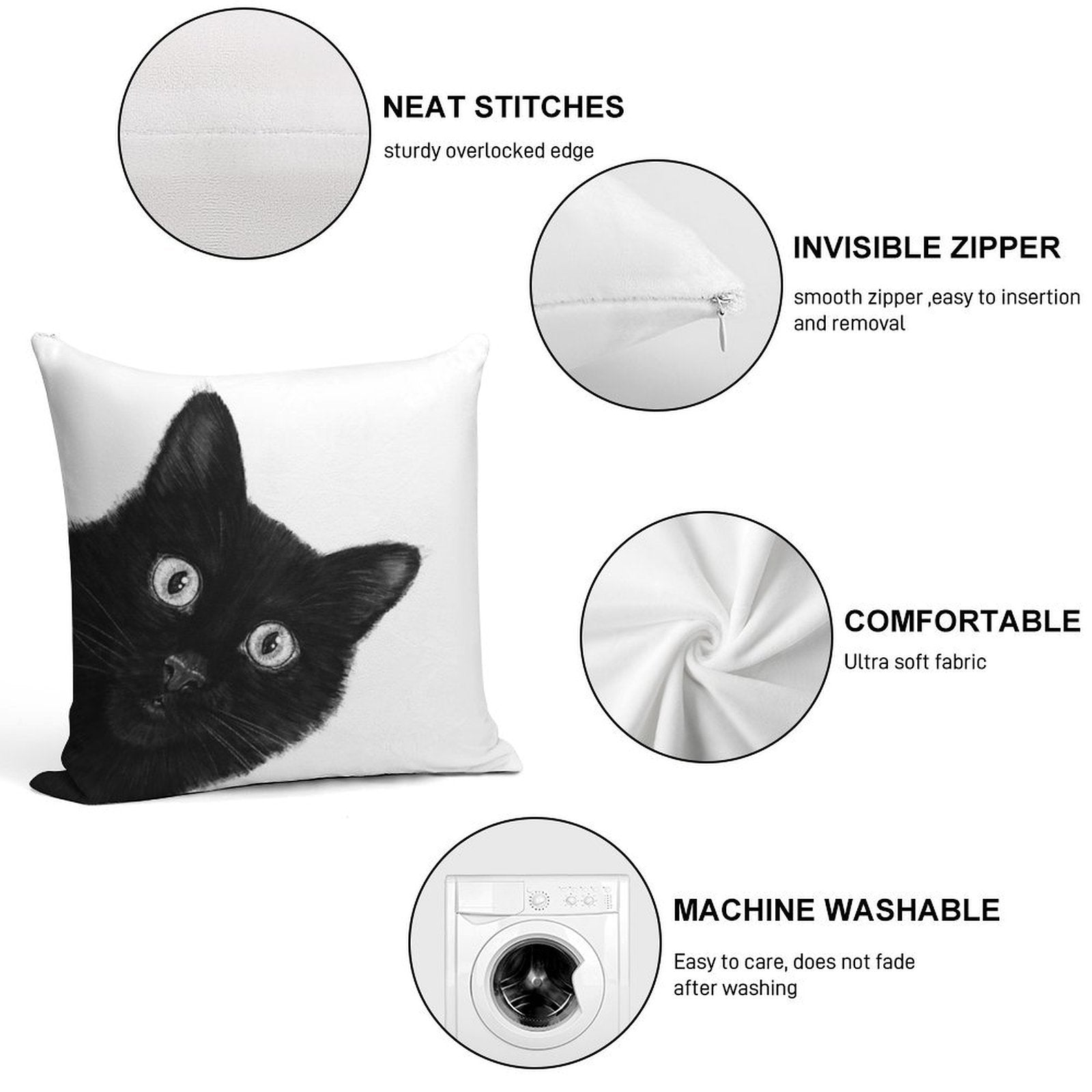 Black Cat Soft Short Plush Fabric Throw Pillow