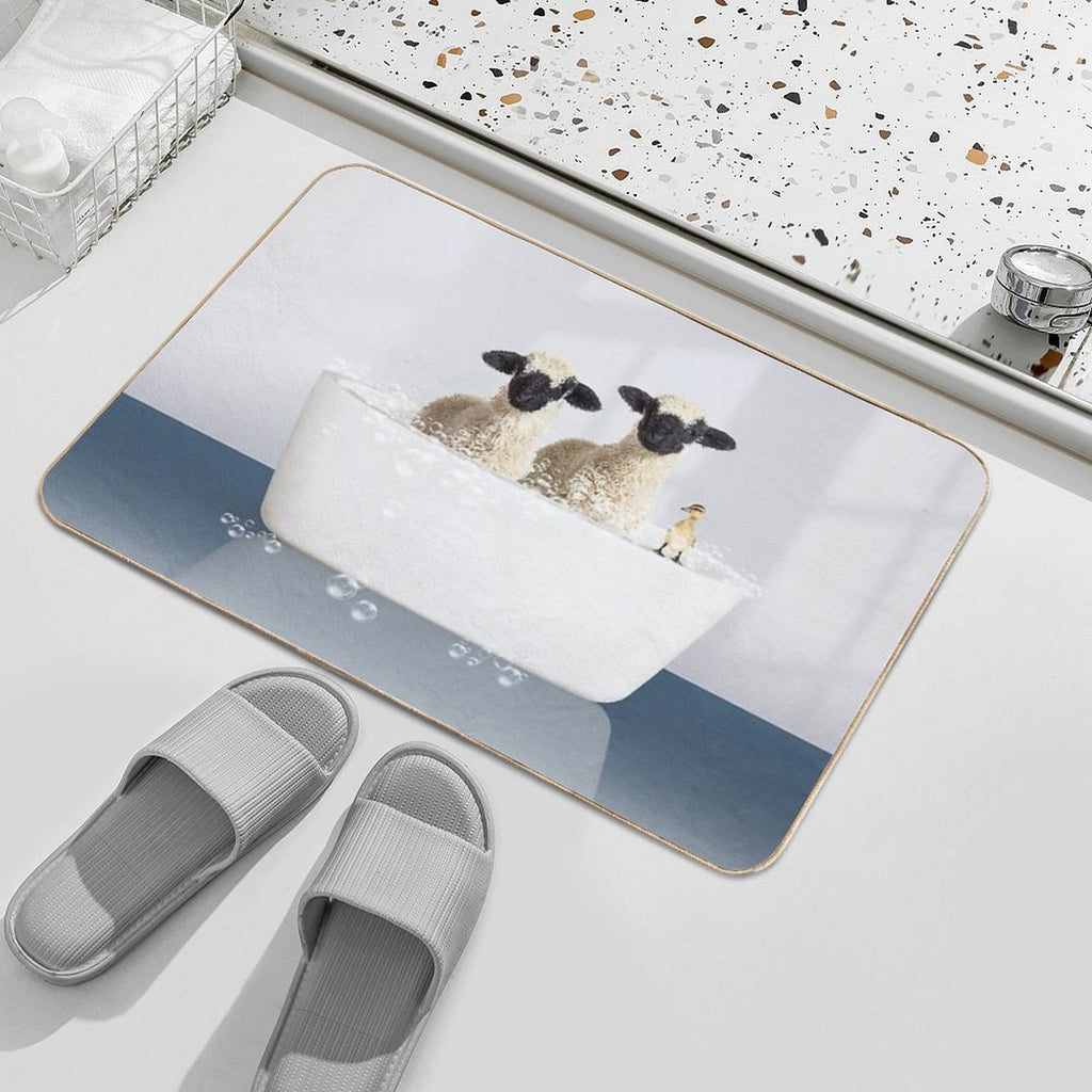 Two Lambs And Duckling in Modern Bathtub Blue Print, Lamb Bathing, Animals in Bathtub Art by Synplus  Fade-Resistant Bath Mat