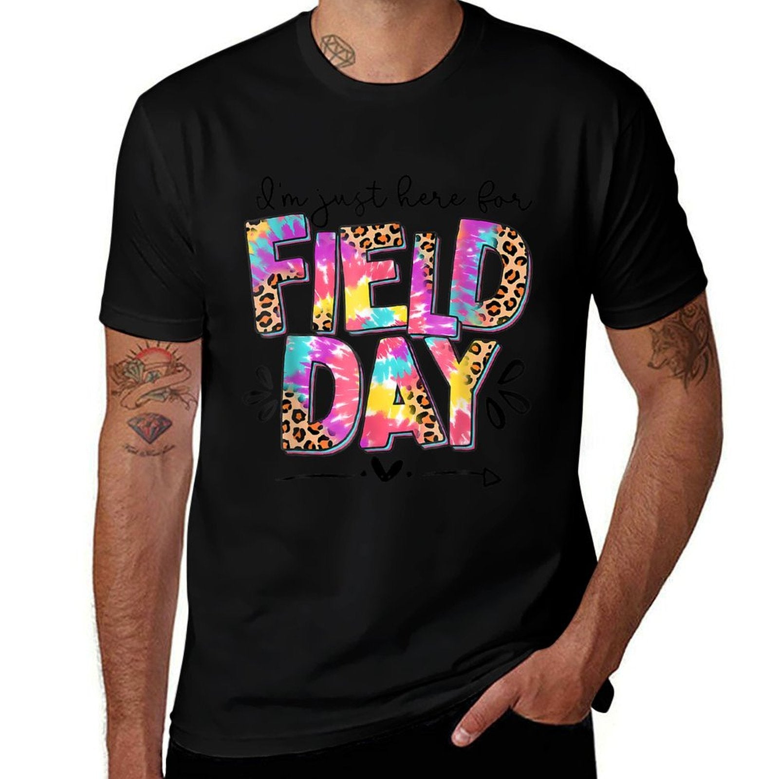 I'm Just Here For Field Day Leopard Tie Dye Last Day School  Rolled Sleeves T-Shirt