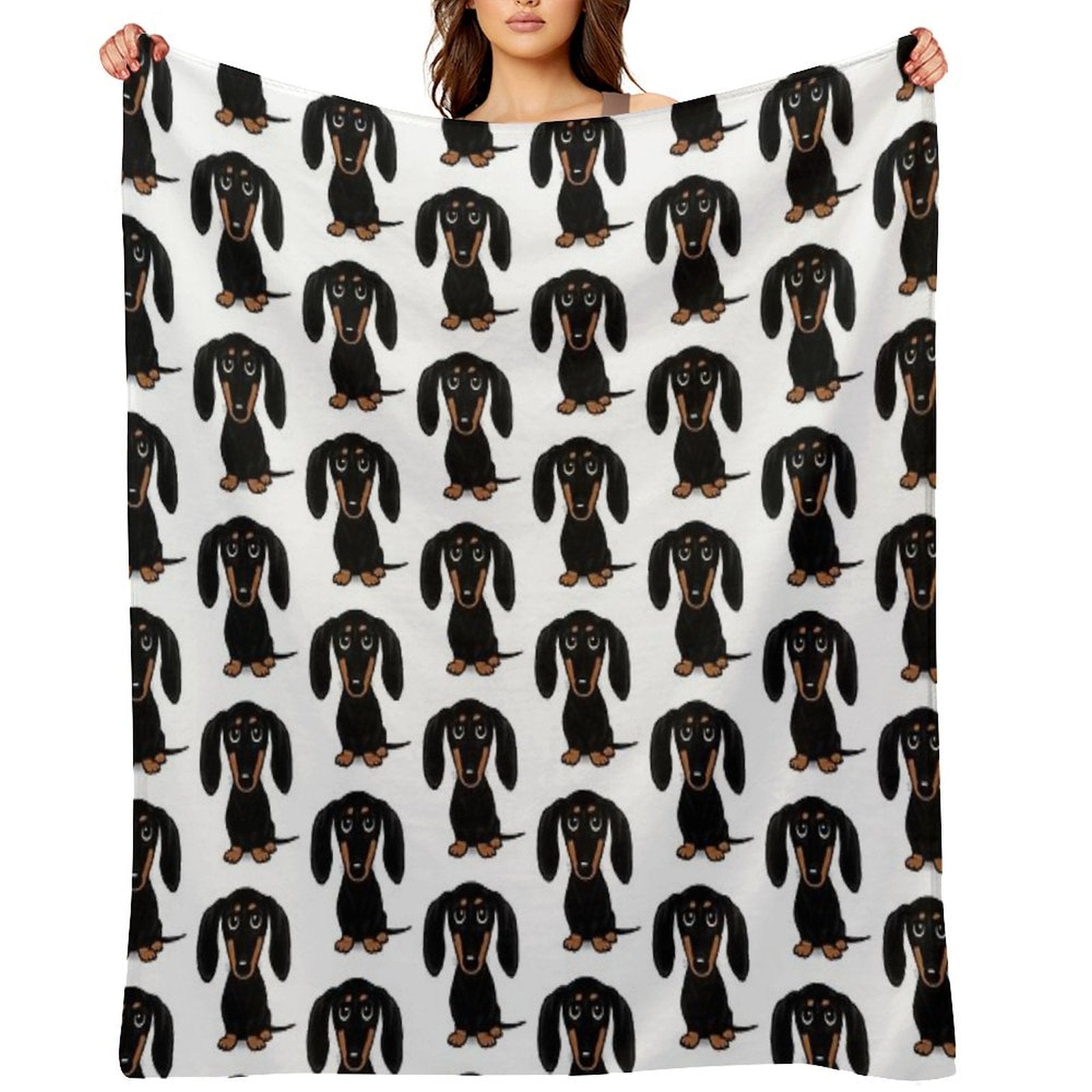 Cute Black And Tan Smooth Coated Dachshund Cartoon Dog Premium Throw Blanket