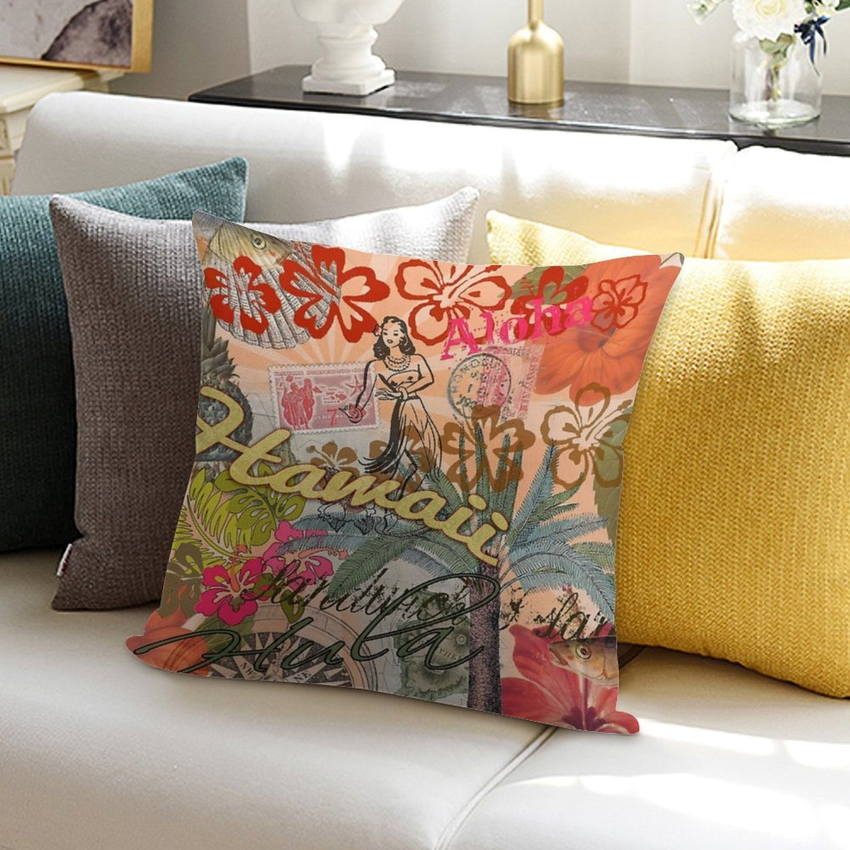 Vintage Hawaii Travel Colorful Hawaiian Tropical Collage Soft Ultra-Soft Texture Throw Pillow