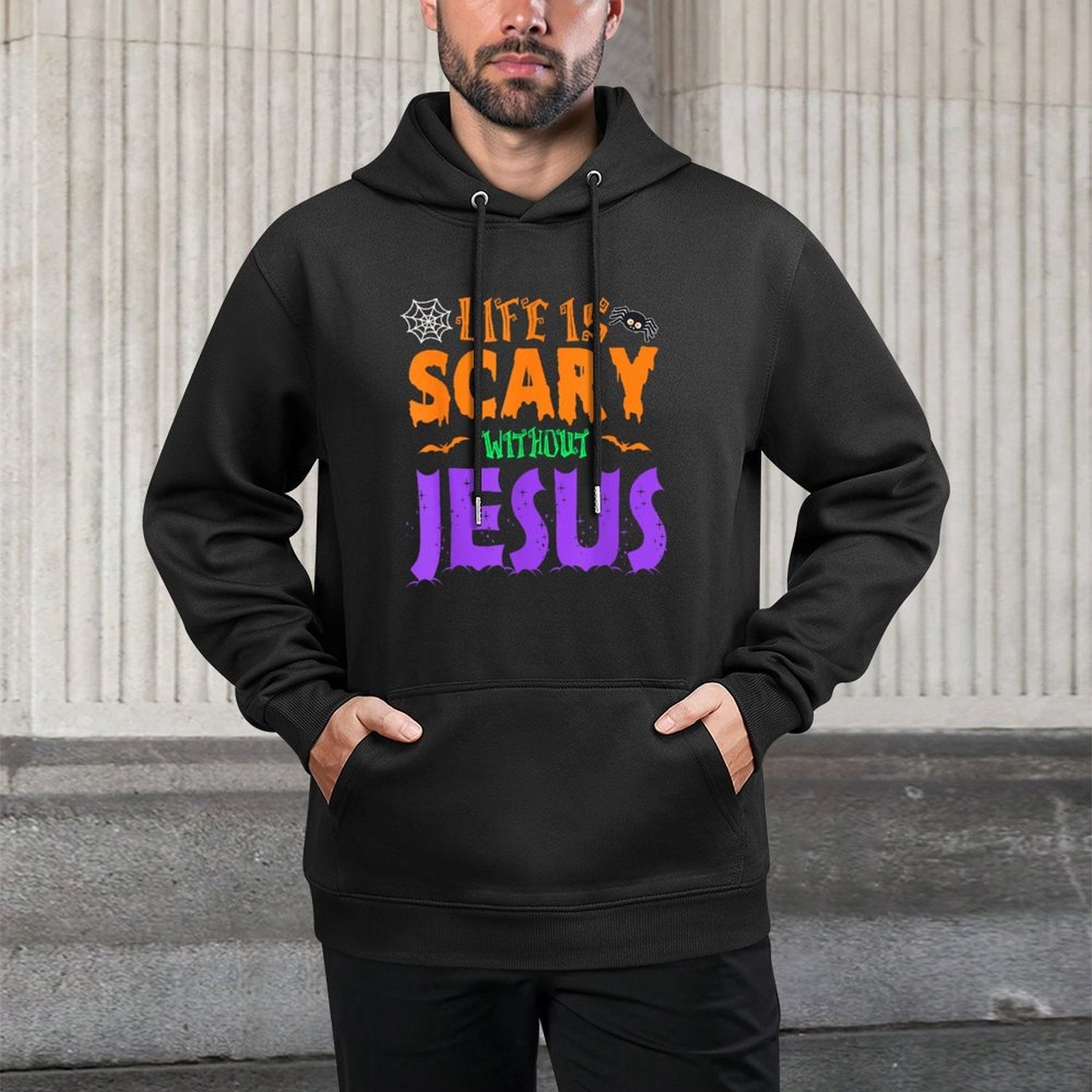 Life Without Jesus Is Scary Fall Christian Halloween Jesus Kangaroo Pocket Hoodie