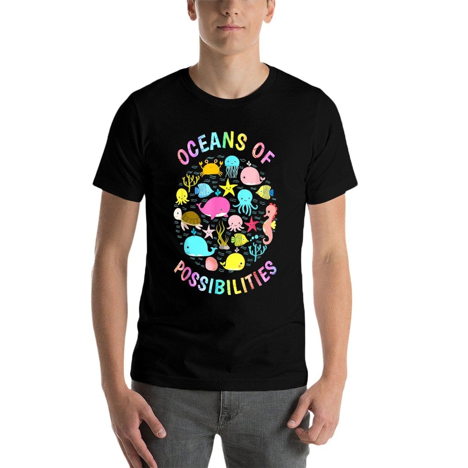 Cute Oceans Of Possibilities Summer Reading Sea Creatures  Ribbed Collar T-Shirt