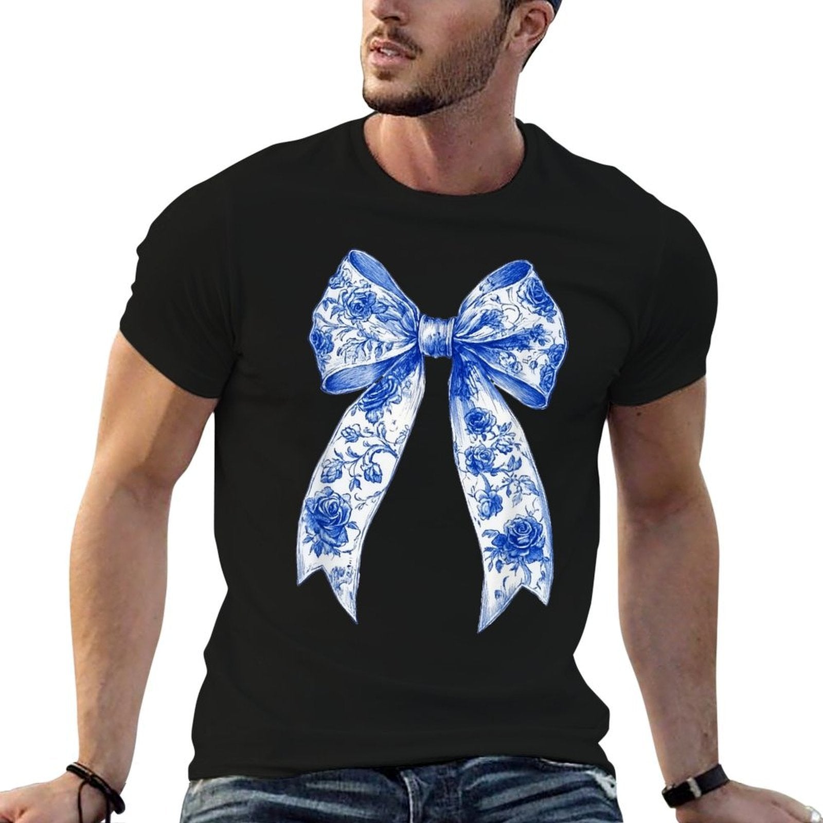 Coquette Floral Blue Bow Flower Toile French Pattern  High-quality Stitching T-Shirt