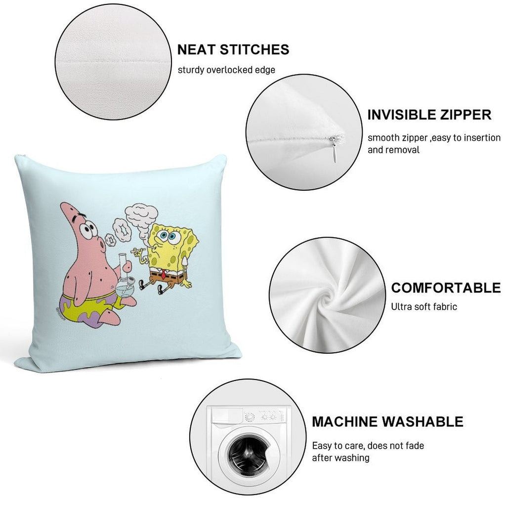 Spongebob And Patrick Smoking Weed Cannabis Cartoon Art Soft Hidden Zipper Throw Pillow