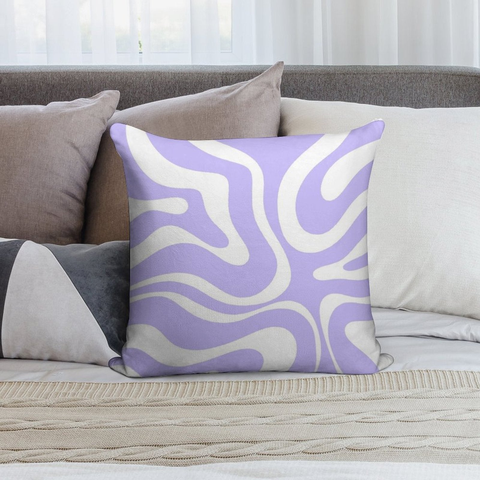 Retro Modern Liquid Swirl Abstract Pattern Square in Light Purple And White Soft Fade-Resistant Throw Pillow
