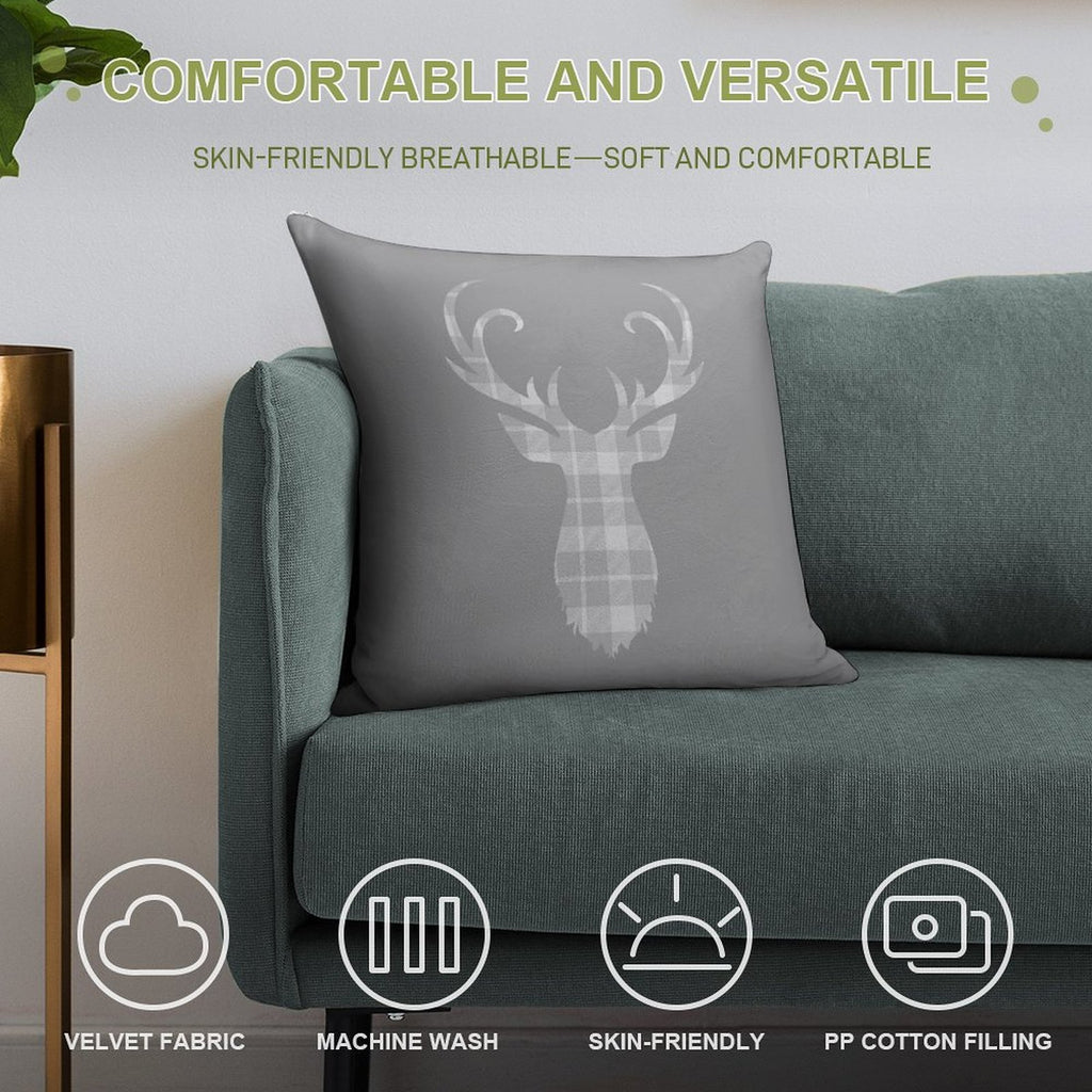 Grey Tartan Stag Head Soft Short Plush Fabric Throw Pillow