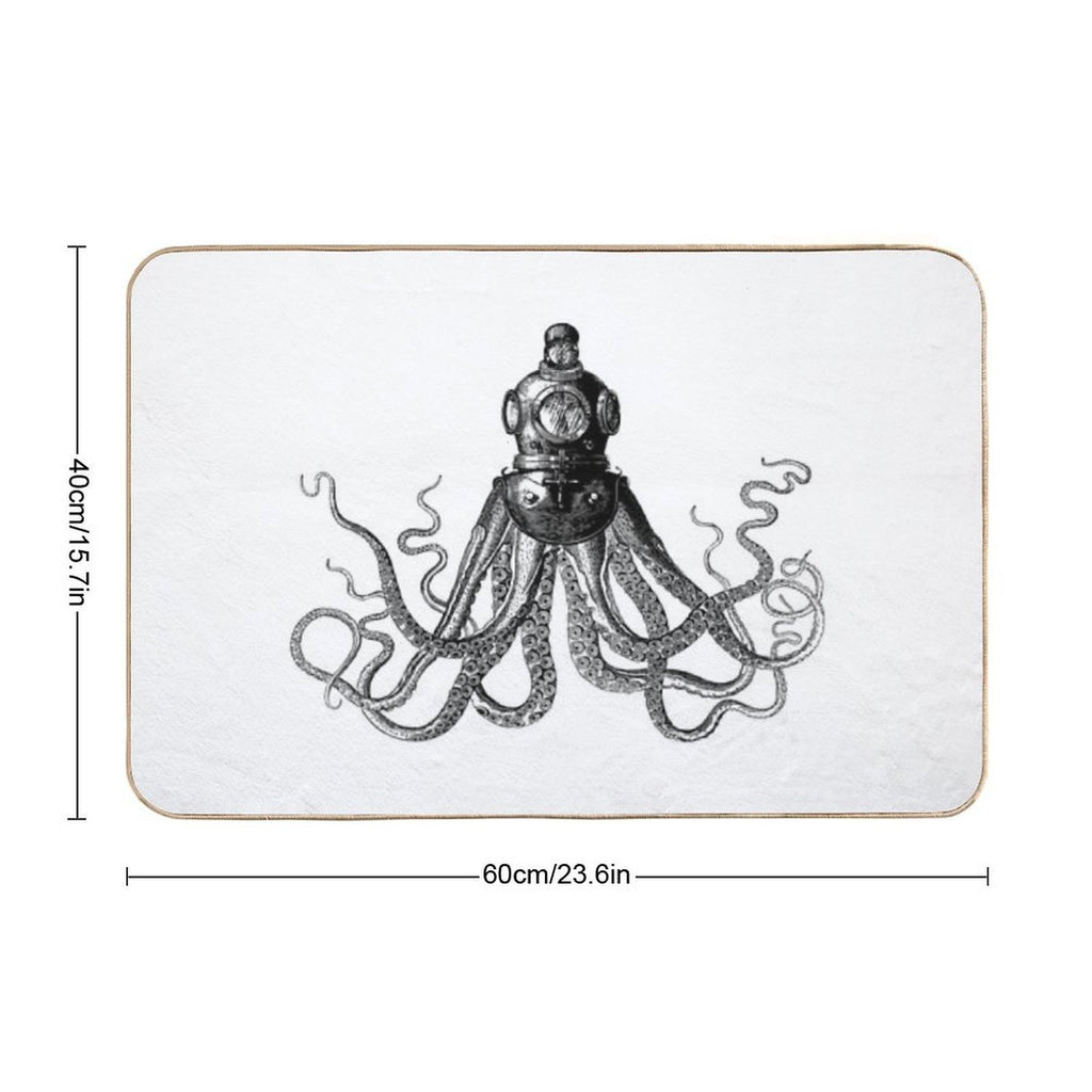 Octopus in Diving Helmet  Deep Sea Divers Helmet  Vintage Octopus  Tentacles  Anthropomorphic  Black And White Durable Bath Mat