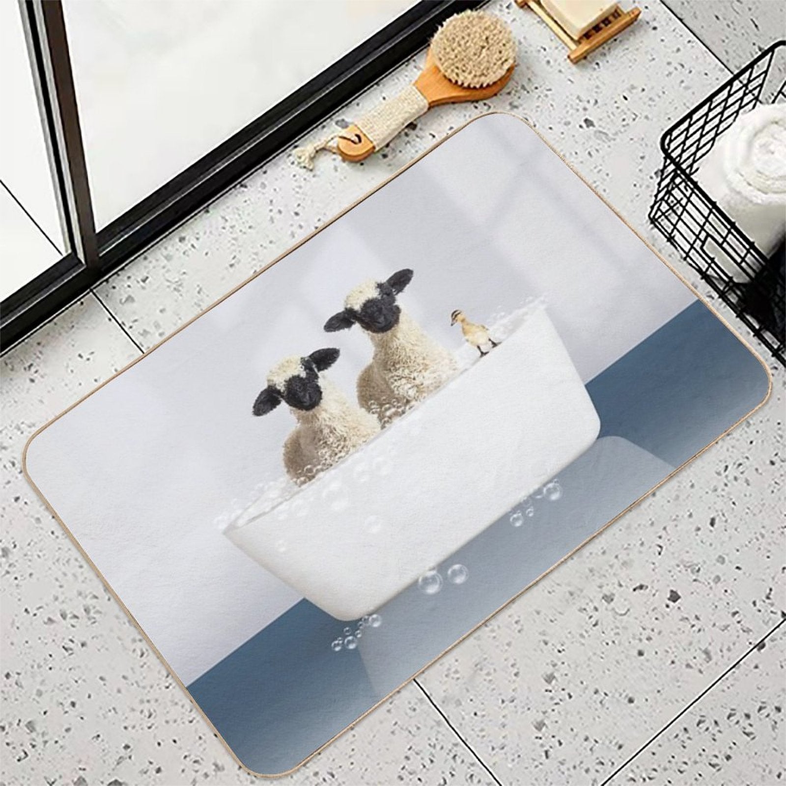 Two Lambs And Duckling in Modern Bathtub Blue Print, Lamb Bathing, Animals in Bathtub Art by Synplus  Fade-Resistant Bath Mat