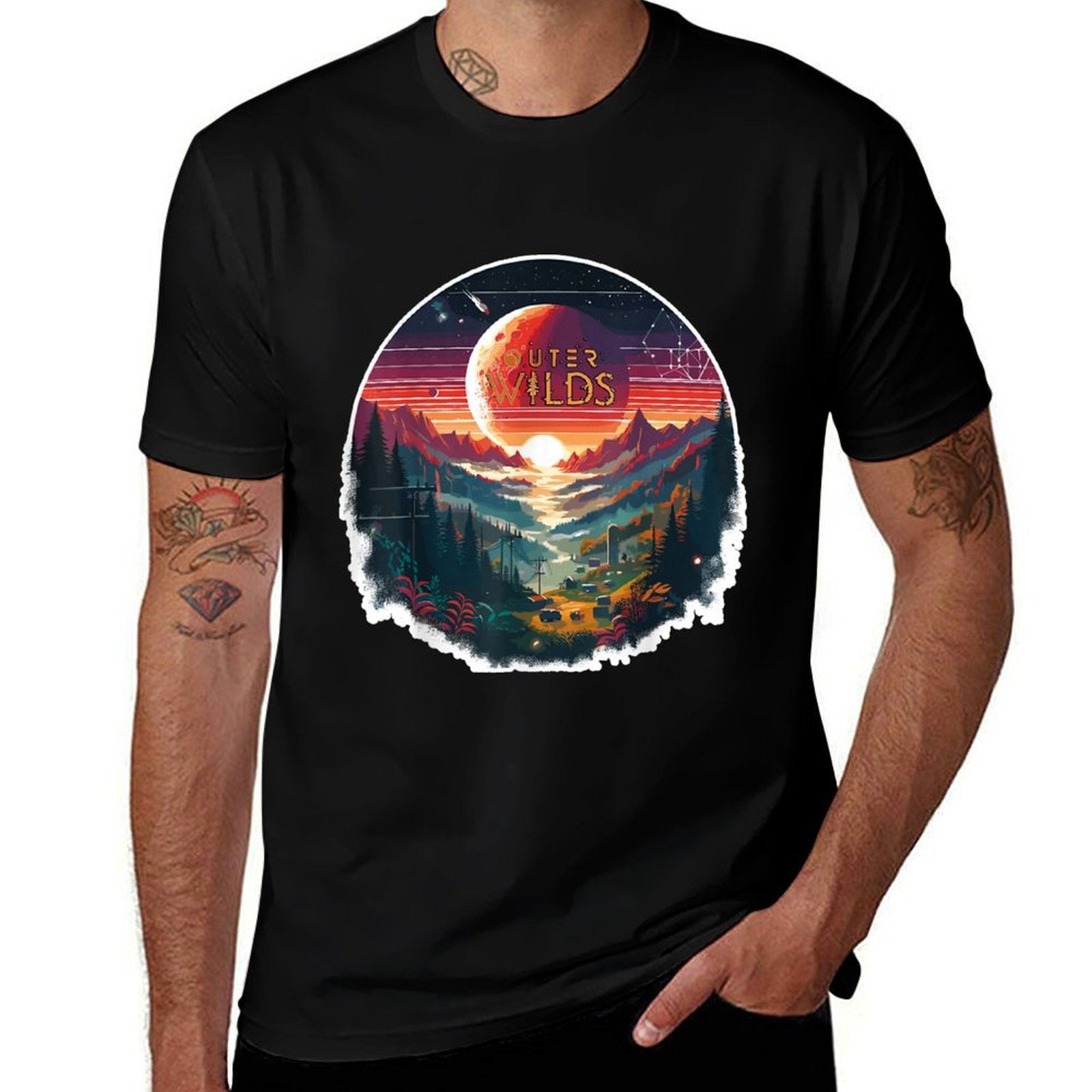 Outer Wilds Text Moon Mountain Forest Tree House Sun  Oversized Silhouette T-Shirt