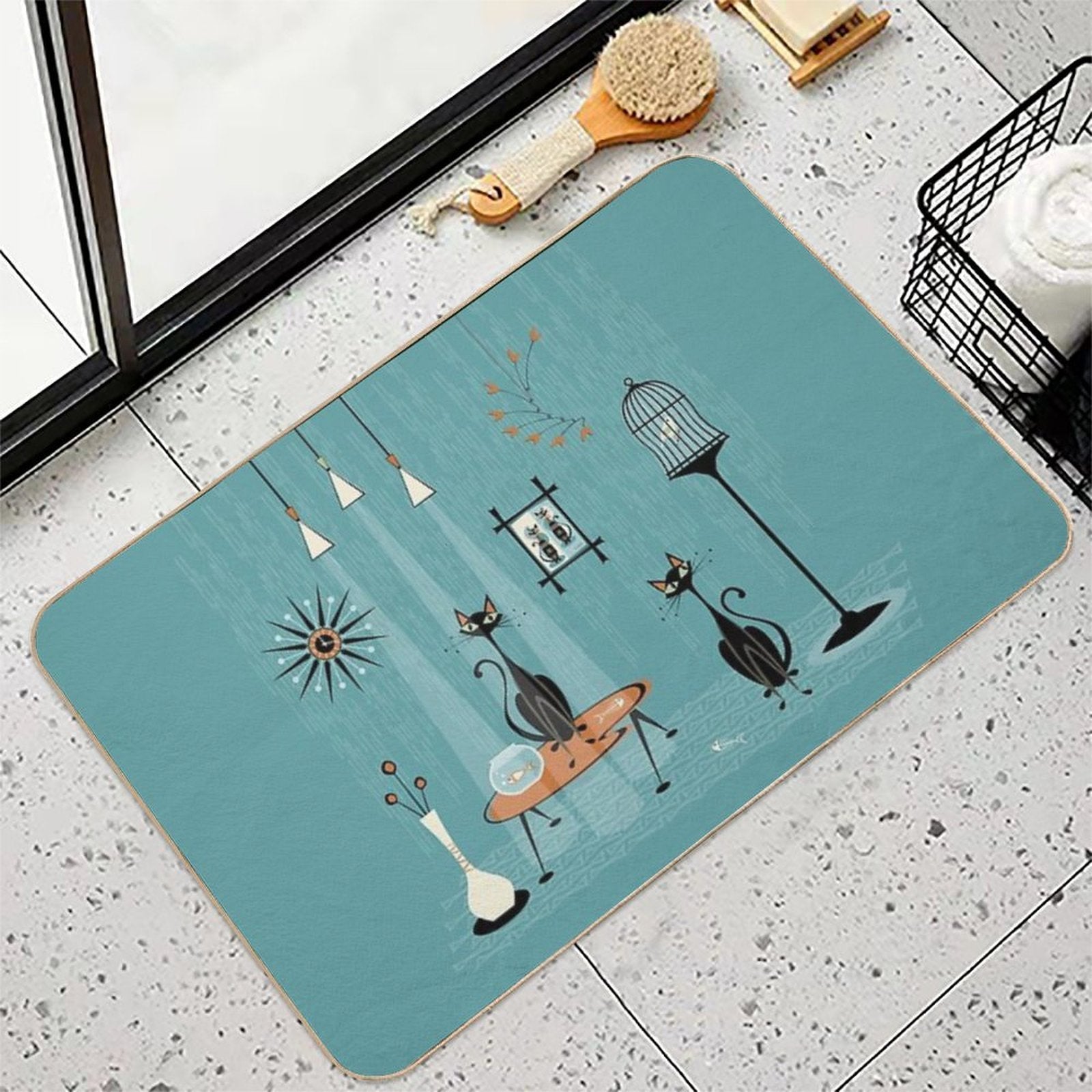 Mid Century Mischief  Cat Red-Handed II  Rapid-Drying Bath Mat