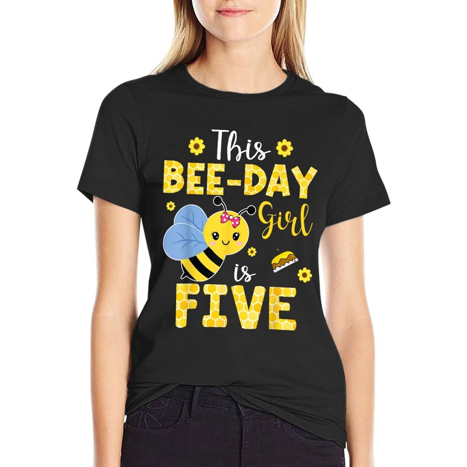 This Bee-Day Girl Is Five 5 Years Old 5th Birthday Kids  Oversized Silhouette T-Shirt