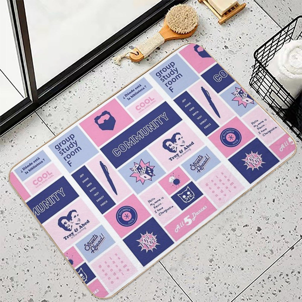 Community Collage Pink  Blue  Absorbent Bath Mat
