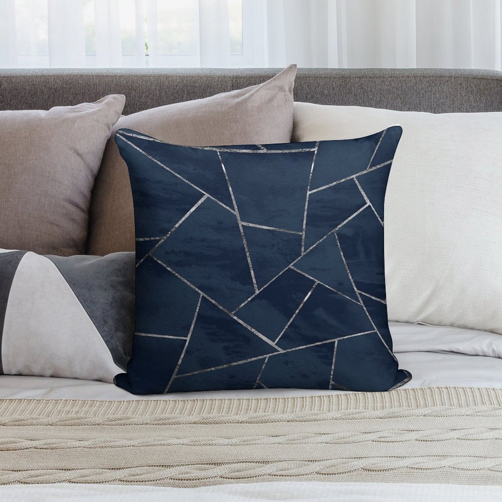 Midnight Navy Blue Ink Silver Geometric Glam #1 #geo #decor #art Soft Luxury Feel Throw Pillow
