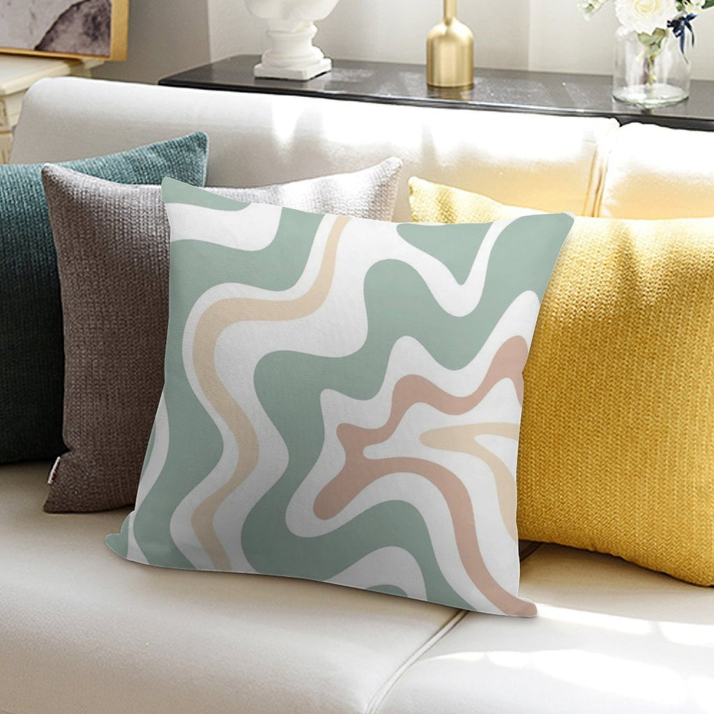 Liquid Swirl Retro Abstract in Light Sage Celadon Green, Light Blush, Cream, And White Soft Shrink-Resistant Throw Pillow