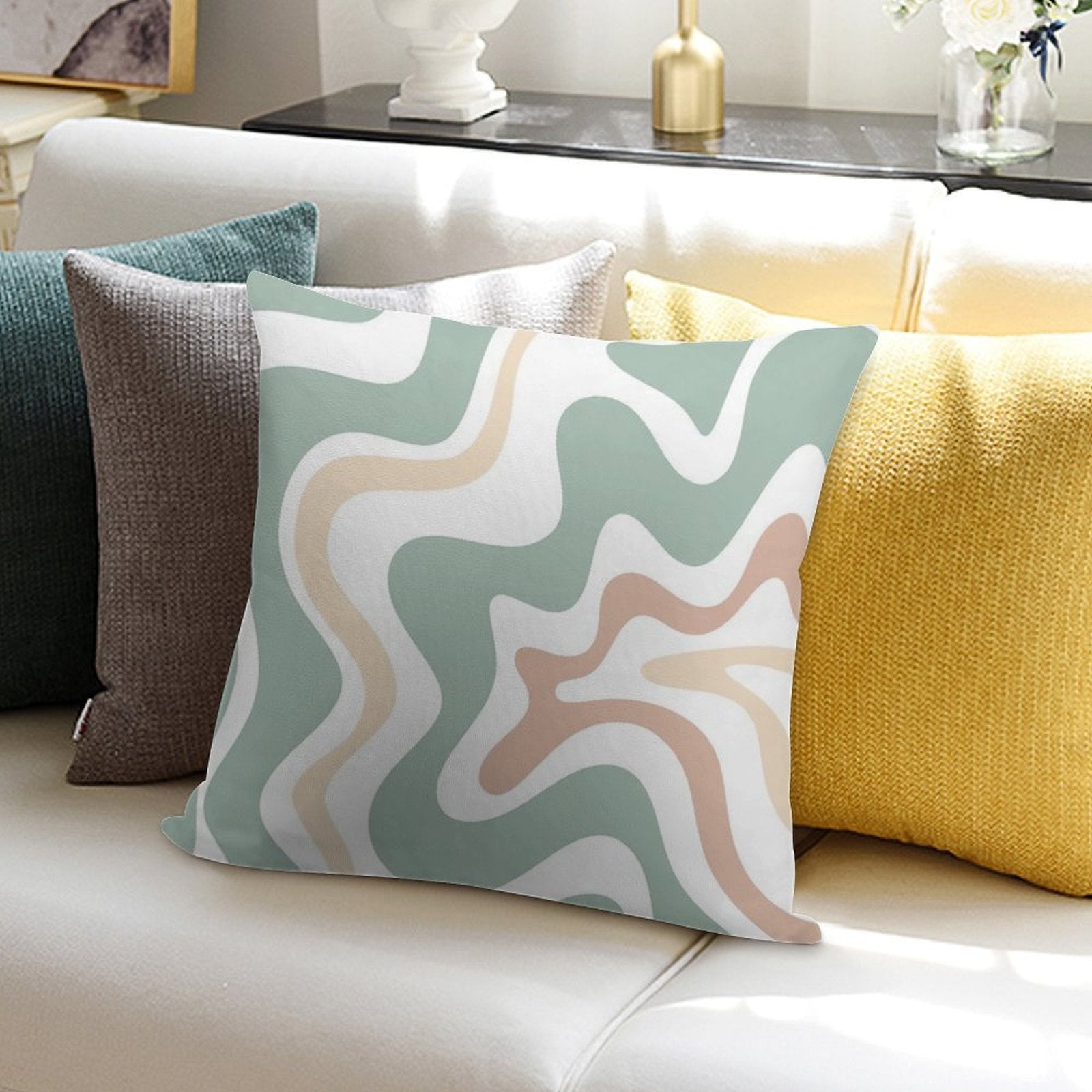 Liquid Swirl Retro Abstract in Light Sage Celadon Green, Light Blush, Cream, And White Soft Shrink-Resistant Throw Pillow