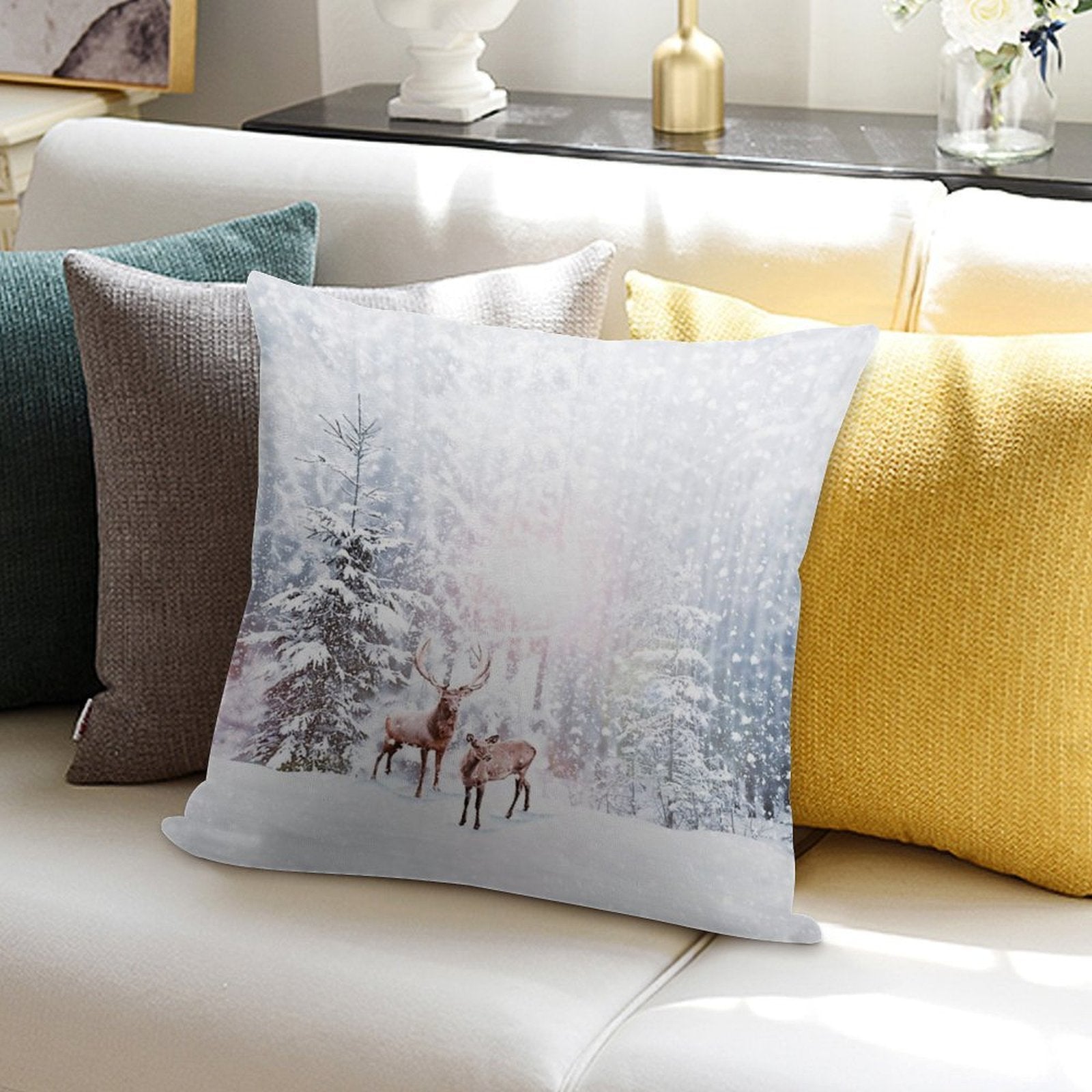 Winter Wonderland - Christmas Deer Stag Snow Trees Soft Durable Construction Throw Pillow