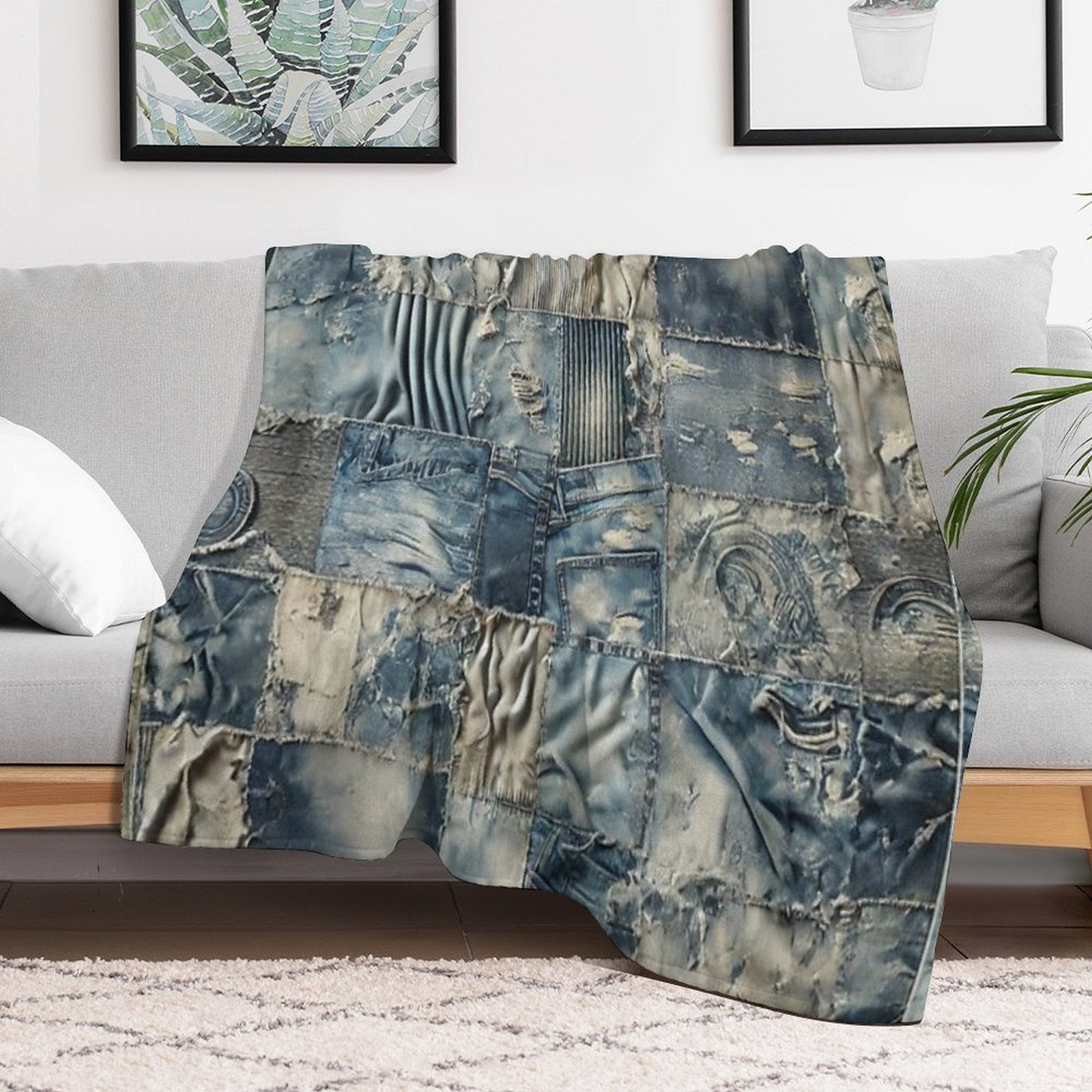 Rustic Denim Patchwork Multi-functional Throw Blanket