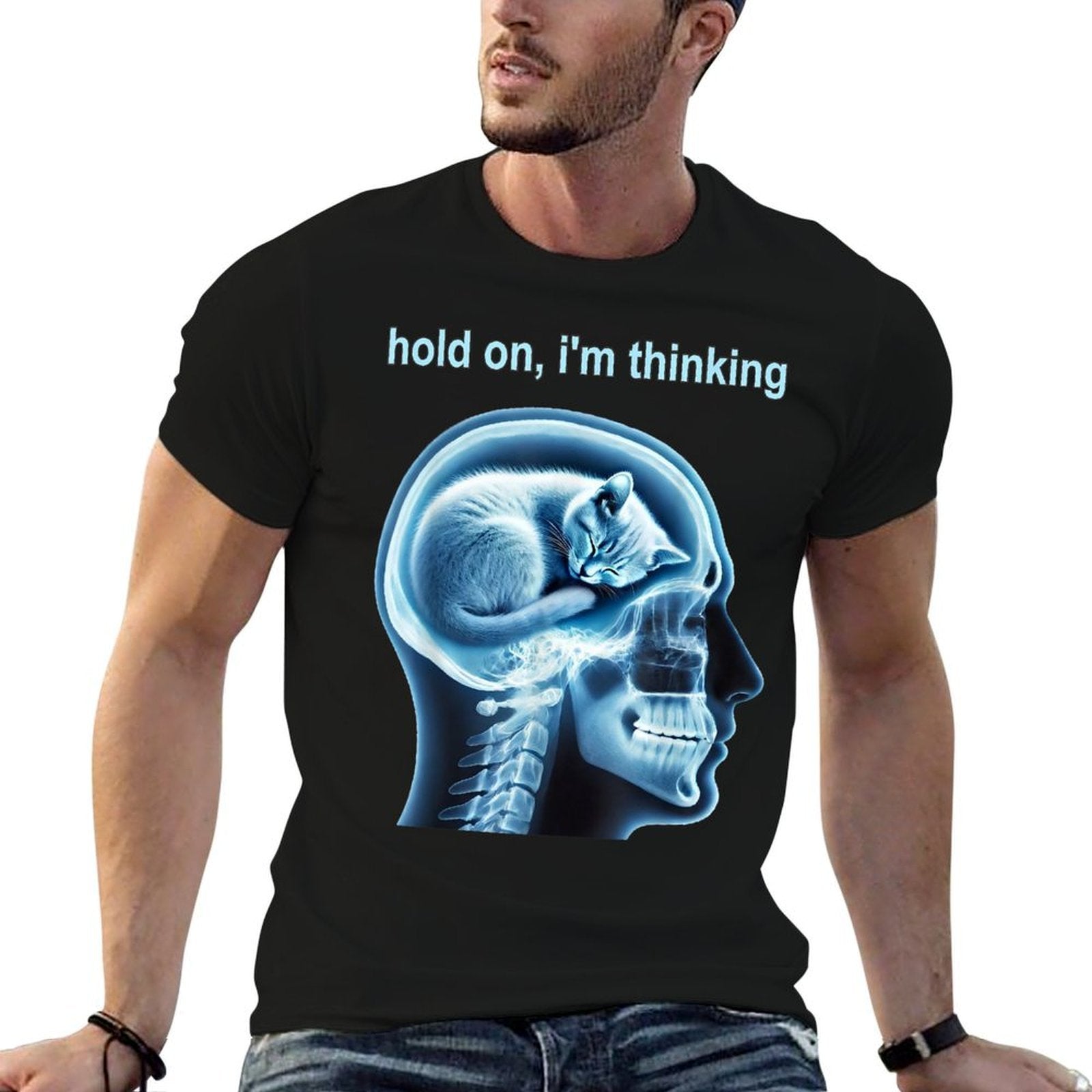Funny Cat Hold On Im Thinking Meme Graphic  Polyester Blend T-Shirt