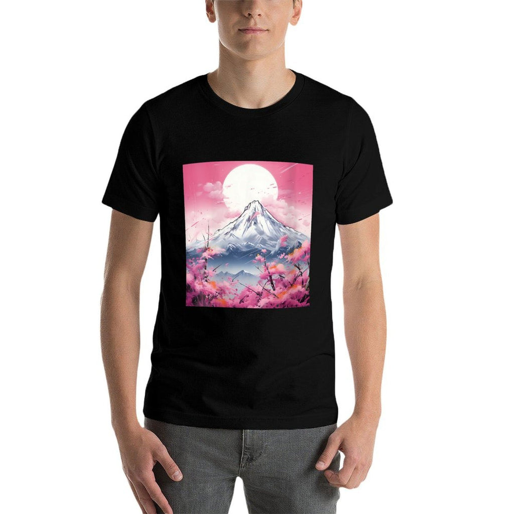 Sakura Reverie Japanese Petals Unfold in Twilight Peaks  Ribbed Collar T-Shirt