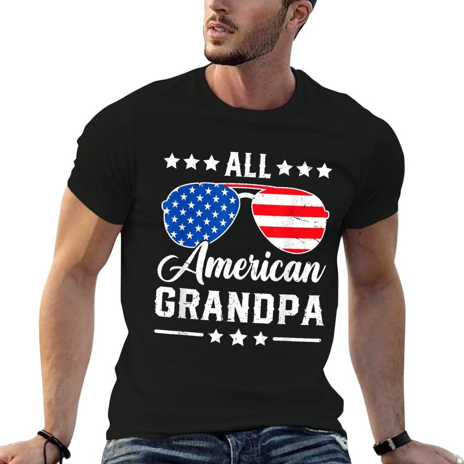 All American Grandpa 4th of July Patriotic USA Matching  Ribbed Collar T-Shirt